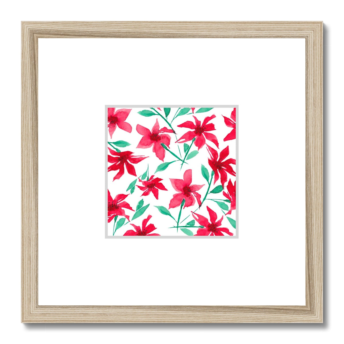 Framed Fine Art Print, Faux Mat - 12x12 inches | Red Floral Watercolor, fms-1330-004