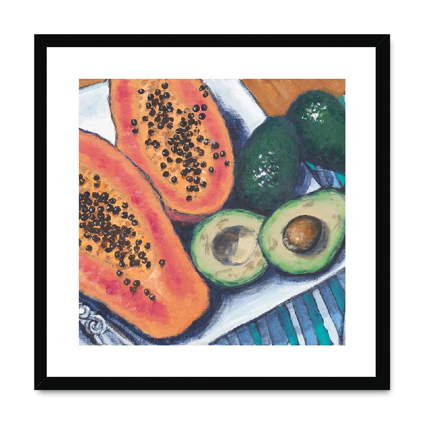 Framed Fine Art Print, White Mat,Papaya & Avocados in Acrylic, FPS-1000-1105, 20"x20", Black Frame