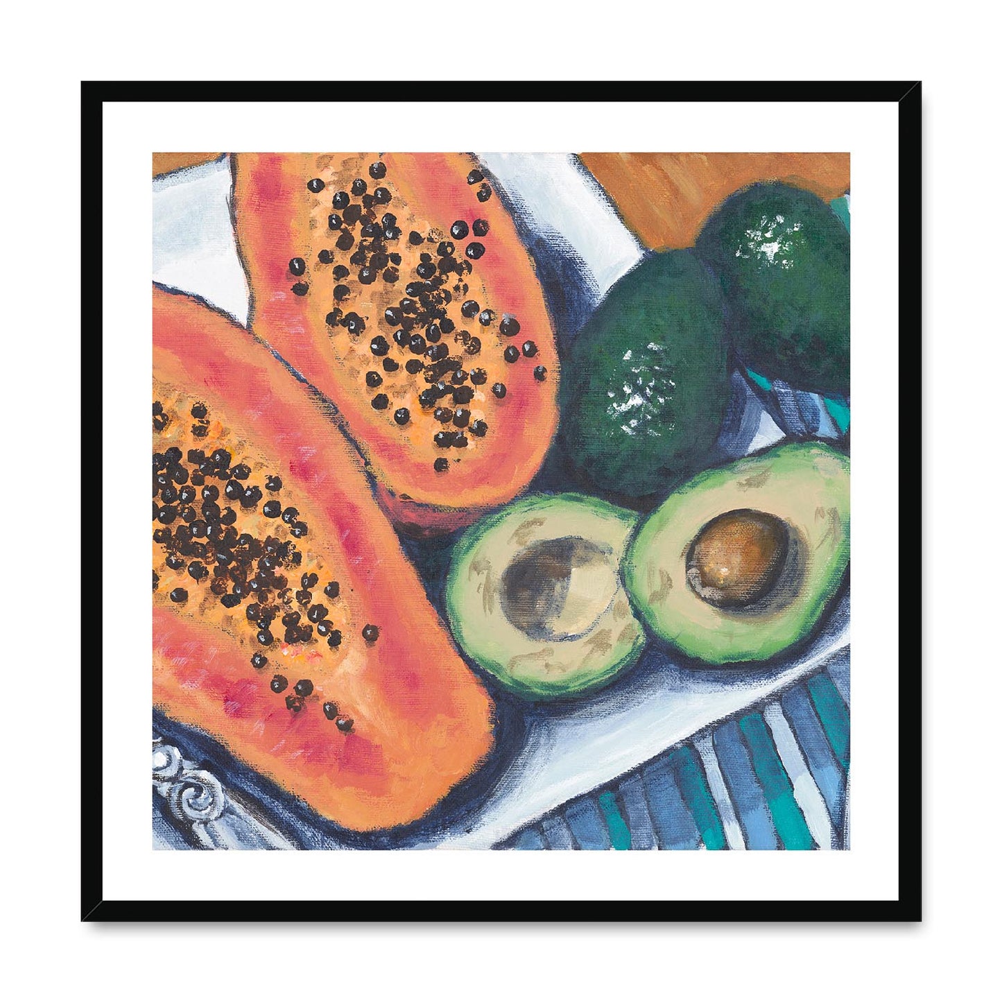Framed Fine Art Print, White Mat,Papaya & Avocados in Acrylic, FPS-1000-1105, 28"x28", Black Frame