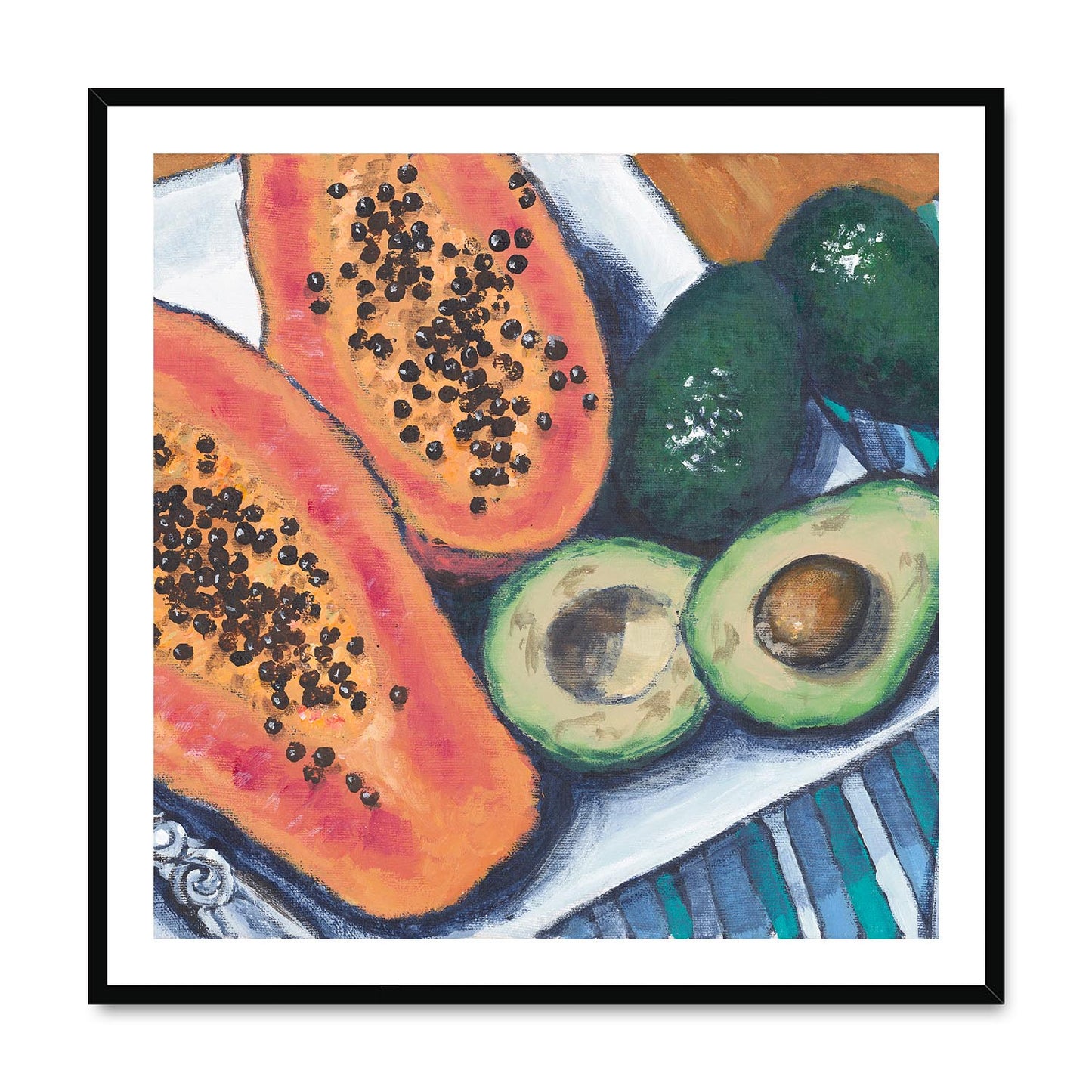 Framed Fine Art Print, White Mat,Papaya & Avocados in Acrylic, FPS-1000-1105, 36"x36", Black Frame