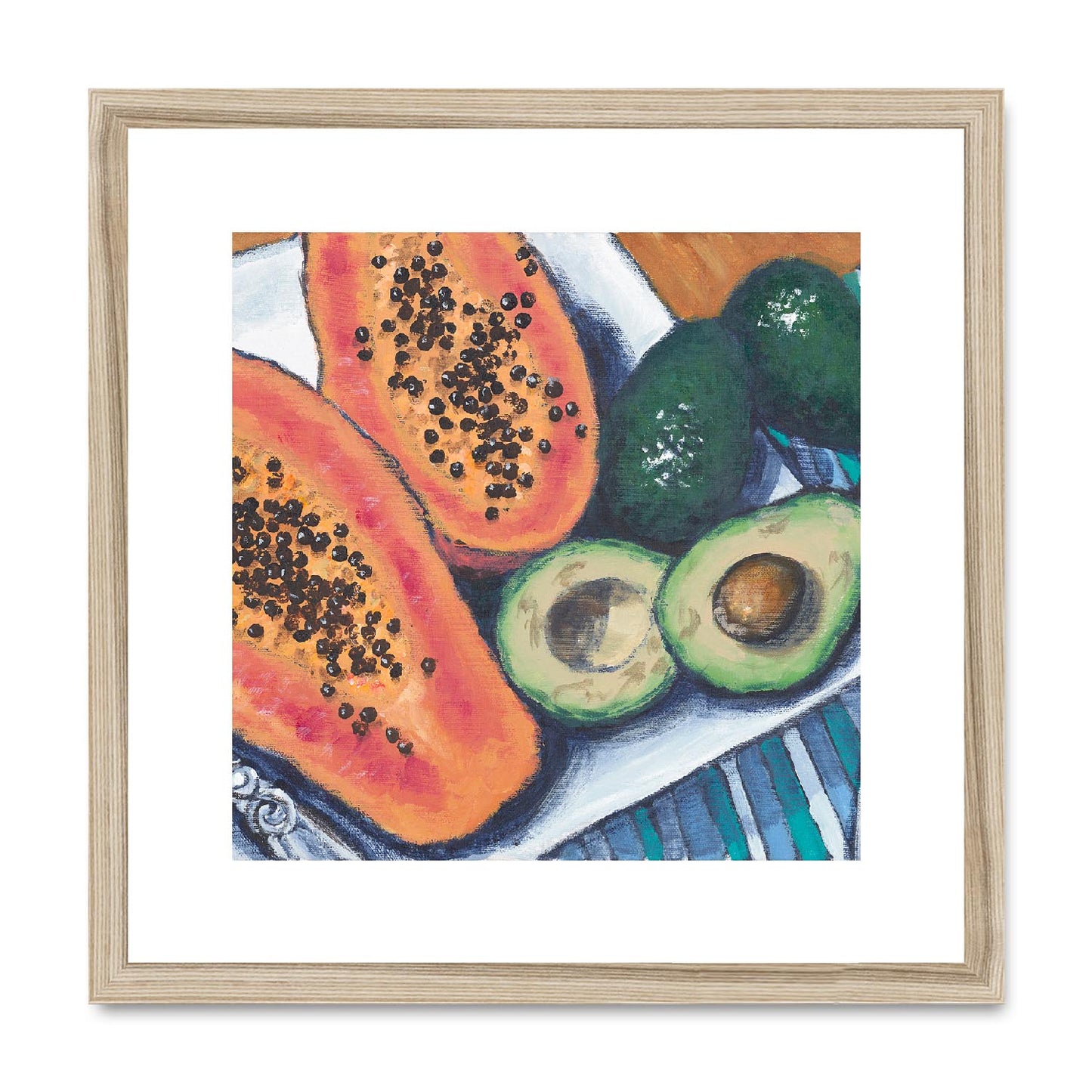 Framed Fine Art Print, White Mat,Papaya & Avocados in Acrylic, FPS-1000-1105, 16"x16", Natural Frame