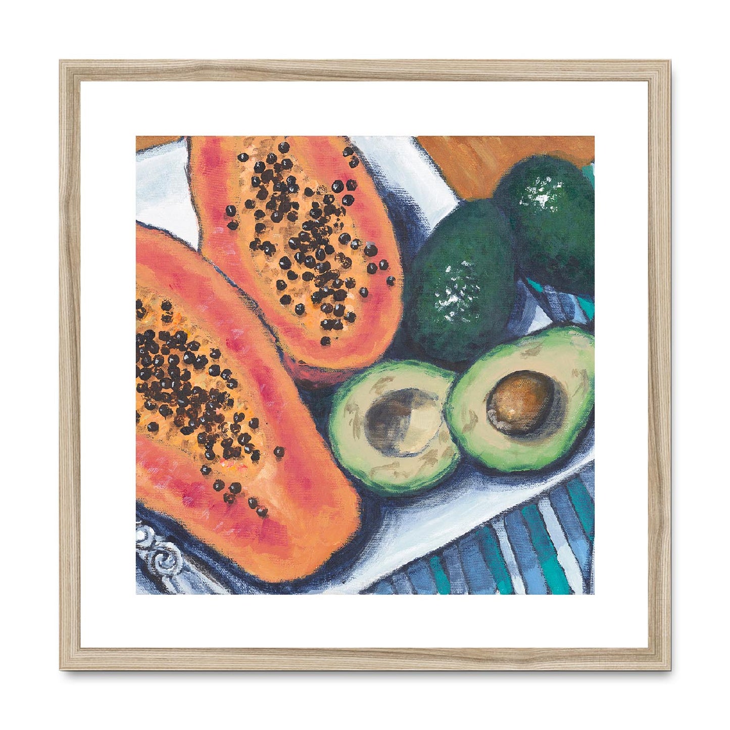 Framed Fine Art Print, White Mat,Papaya & Avocados in Acrylic, FPS-1000-1105, 20"x20", Natural Frame
