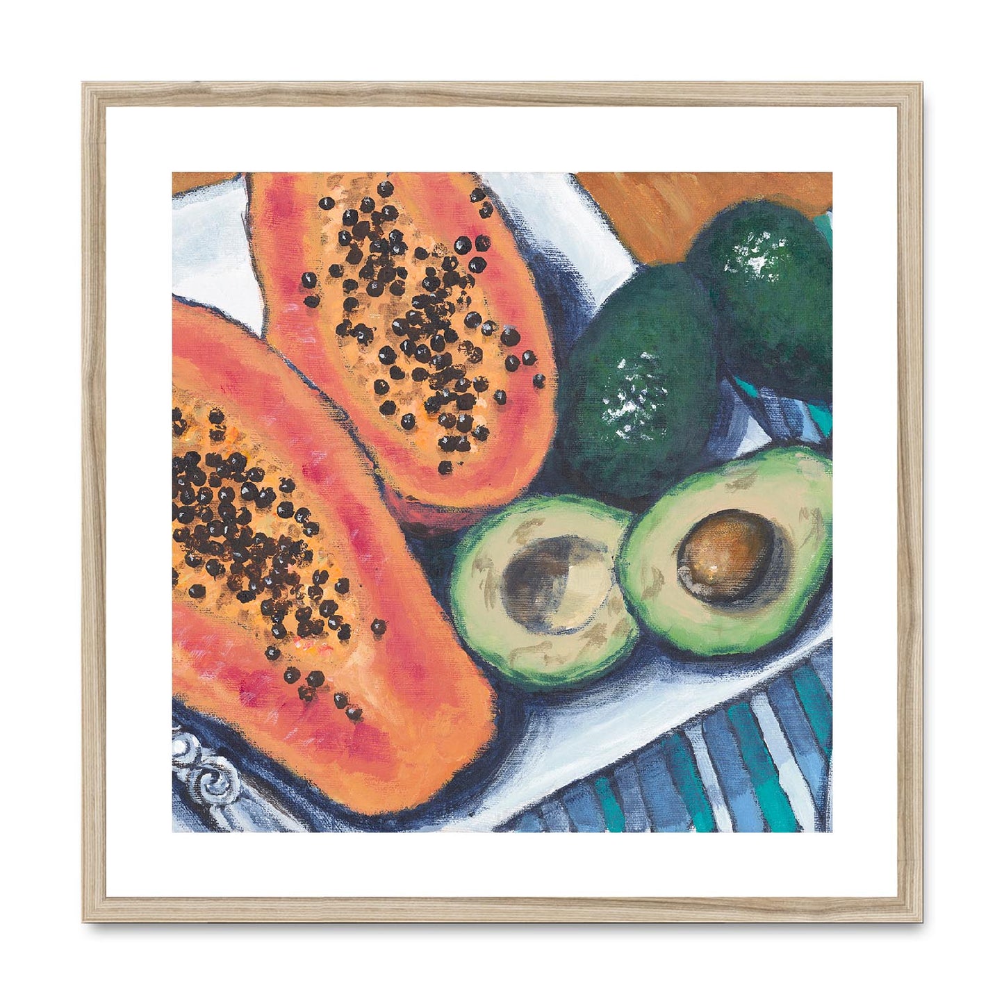 Framed Fine Art Print, White Mat,Papaya & Avocados in Acrylic, FPS-1000-1105, 24"x24", Natural Frame
