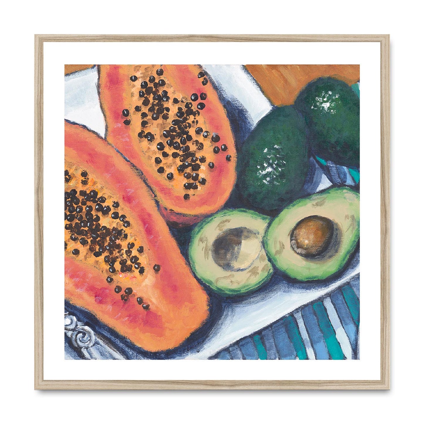 Framed Fine Art Print, White Mat,Papaya & Avocados in Acrylic, FPS-1000-1105, 28"x28", Natural Frame