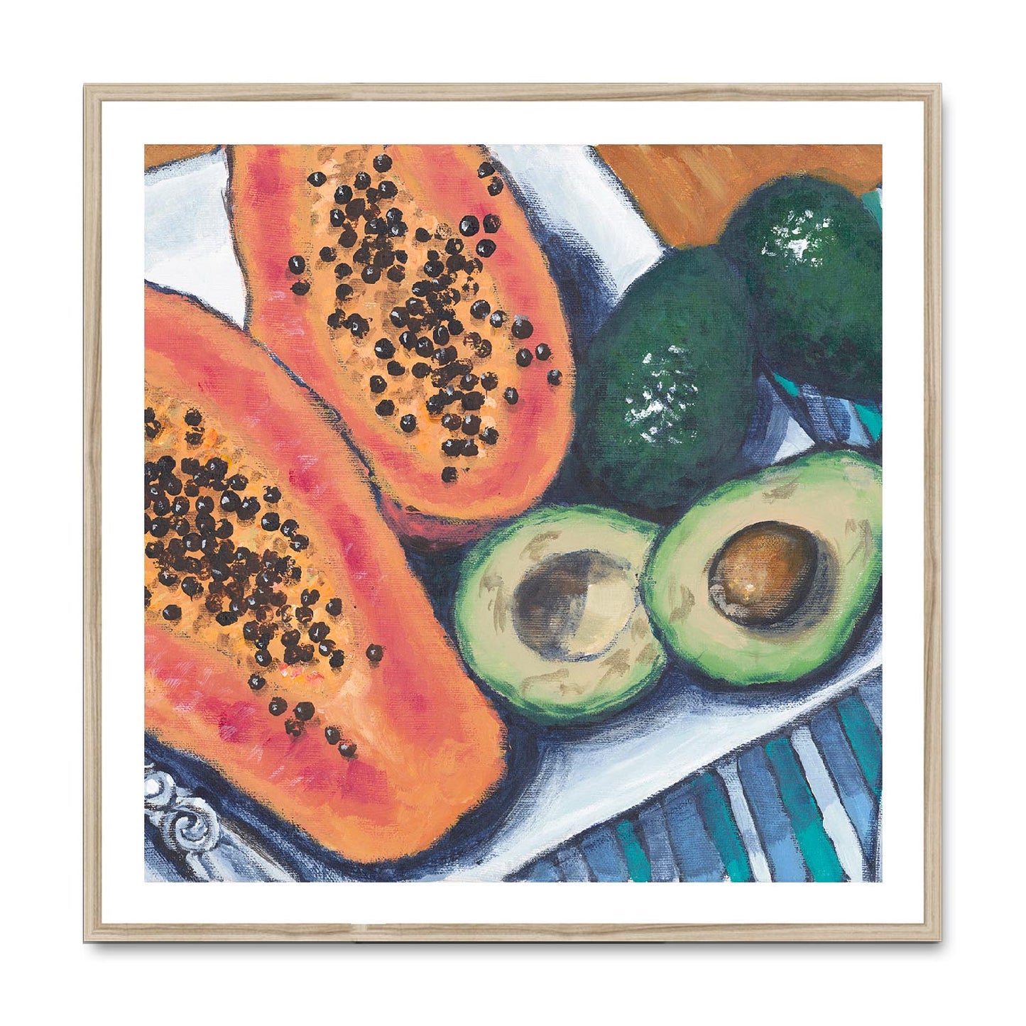 Framed Fine Art Print, White Mat,Papaya & Avocados in Acrylic, FPS-1000-1105, 36"x36", Natural Frame