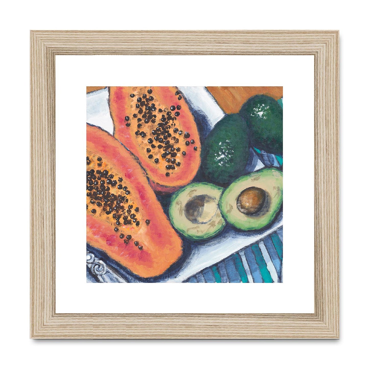 Framed Fine Art Print, White Mat,Papaya & Avocados in Acrylic, FPS-1000-1105, 8"x8", Natural Frame