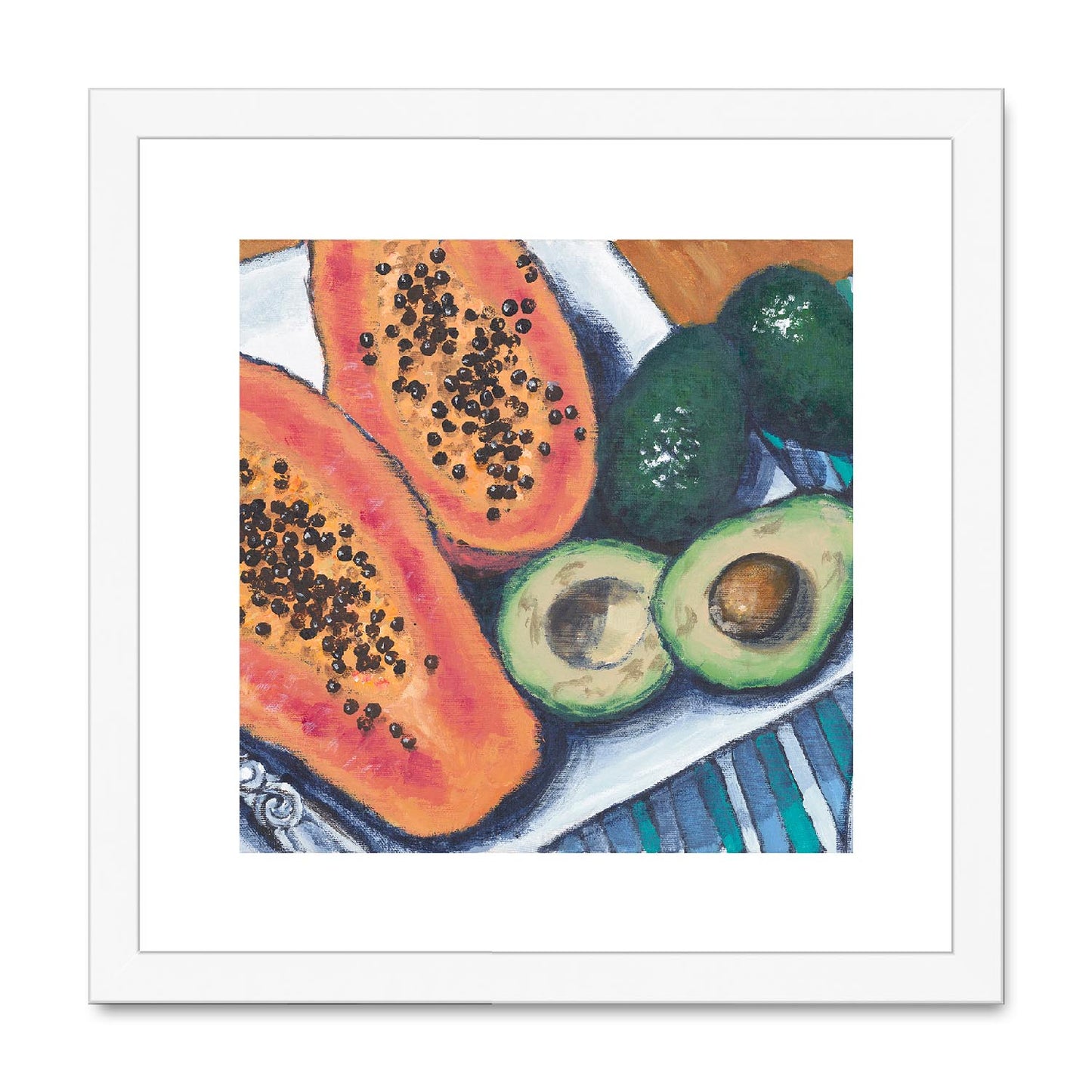 Framed Fine Art Print, White Mat,Papaya & Avocados in Acrylic, FPS-1000-1105, 12"x12", White Frame