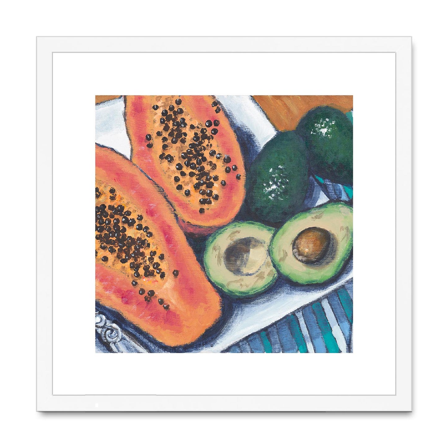Framed Fine Art Print, White Mat,Papaya & Avocados in Acrylic, FPS-1000-1105, 16"x16", White Frame