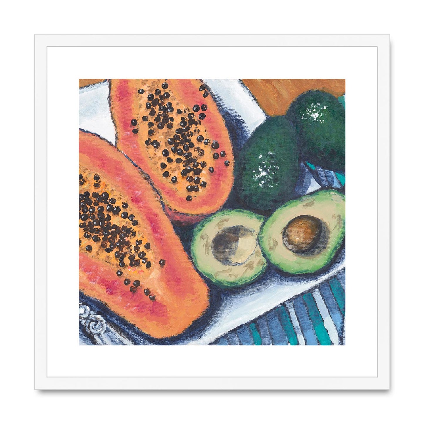 Framed Fine Art Print, White Mat,Papaya & Avocados in Acrylic, FPS-1000-1105, 20"x20", White Frame