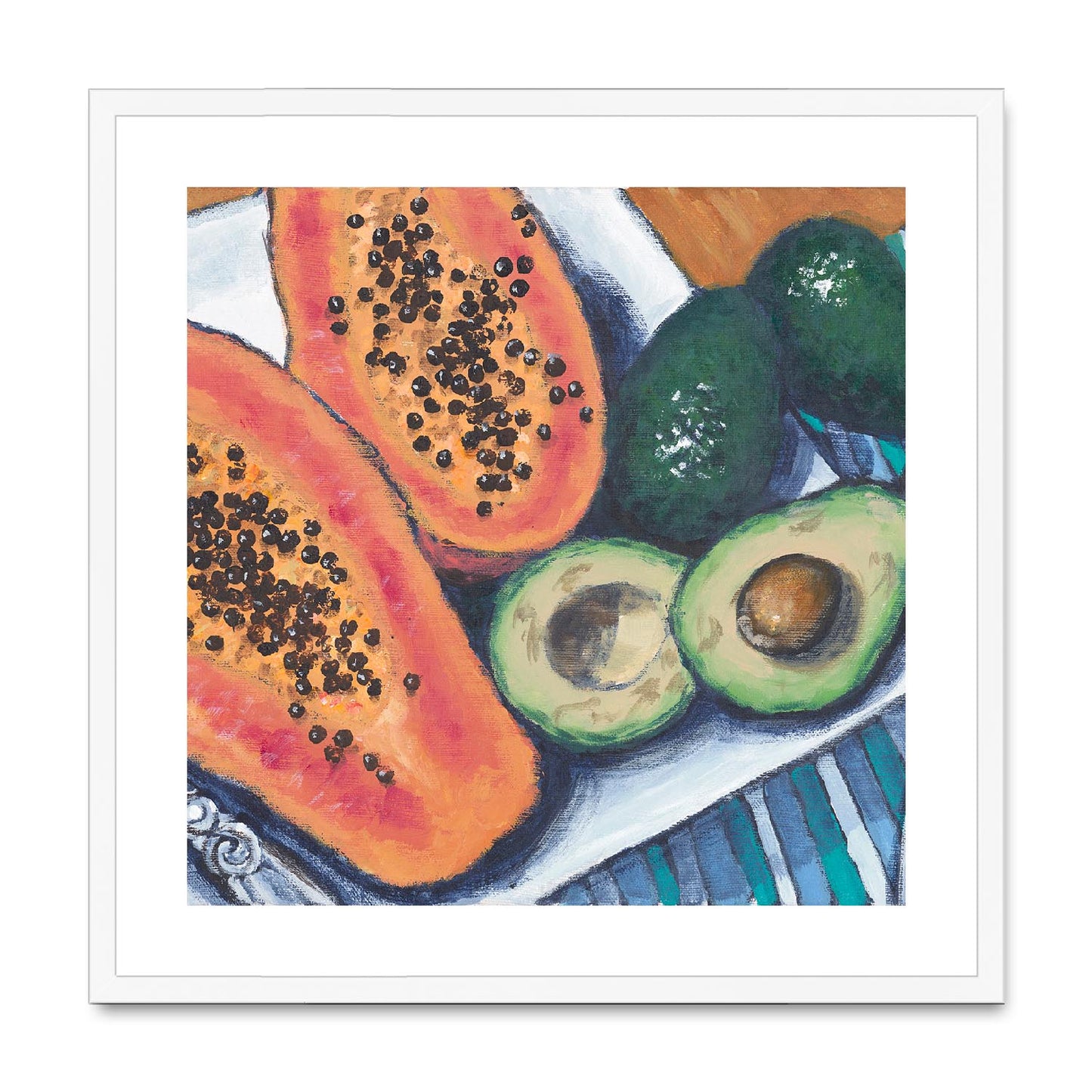Framed Fine Art Print, White Mat,Papaya & Avocados in Acrylic, FPS-1000-1105, 24"x24", White Frame