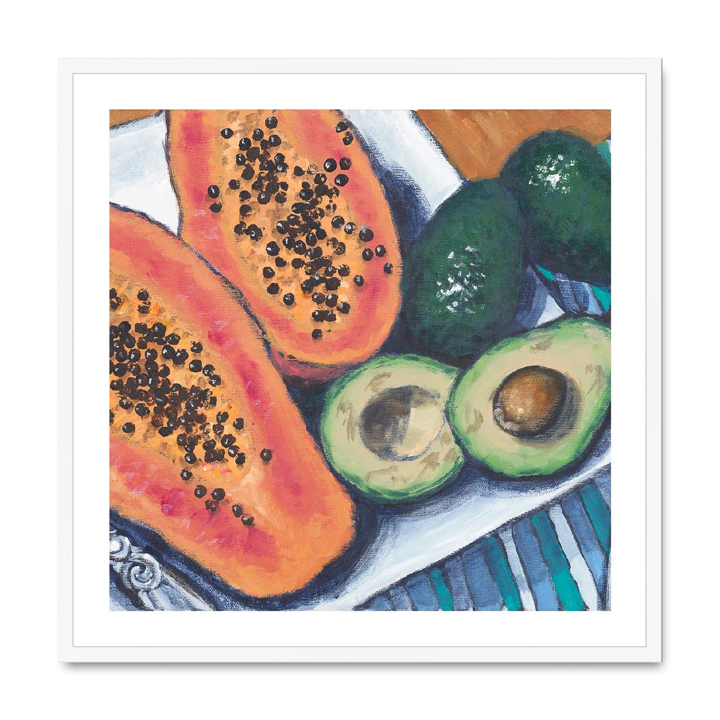 Framed Fine Art Print, White Mat,Papaya & Avocados in Acrylic, FPS-1000-1105, 28"x28", White Frame