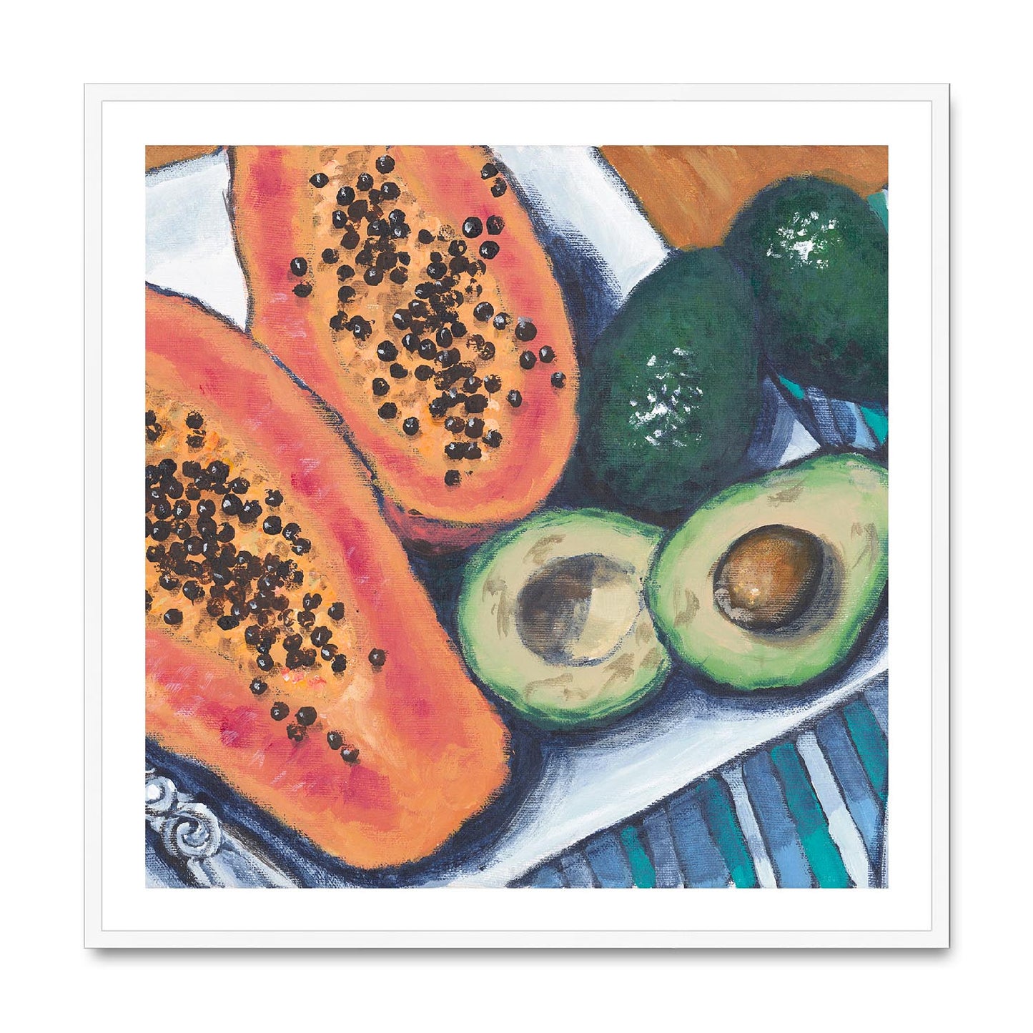 Framed Fine Art Print, White Mat,Papaya & Avocados in Acrylic, FPS-1000-1105, 36"x36", White Frame