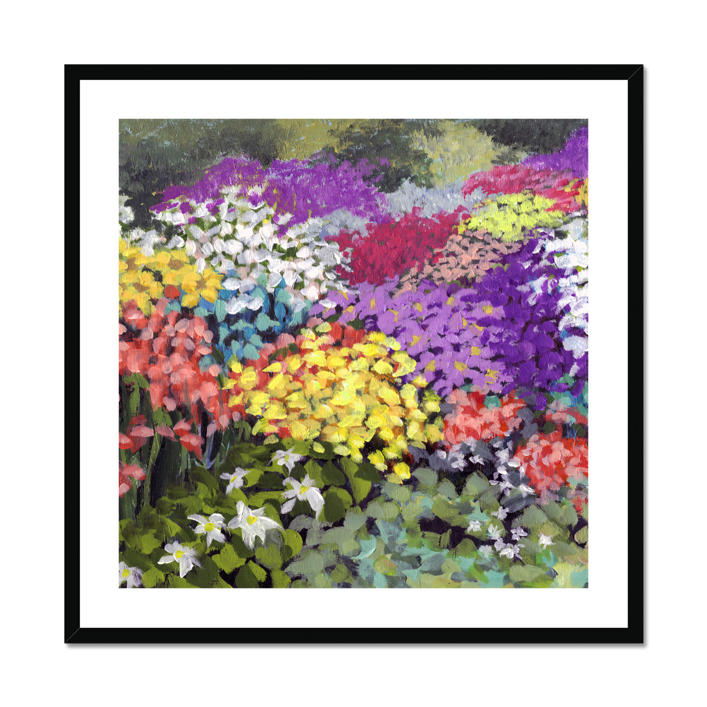 Framed Fine Art Print, White Mat - 8x8 12x12 16x16 20x20 24x24 28x28 36x36 inches | Floral Garden in Acrylic, FPS-1000-1147