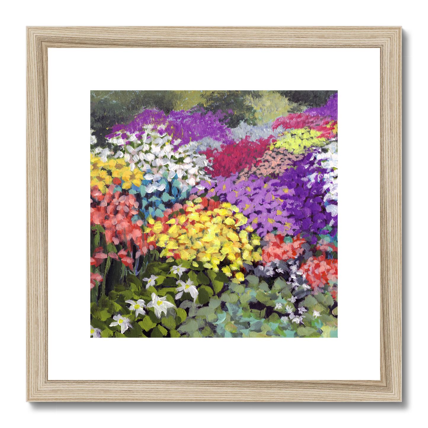 Framed Fine Art Print, White Mat,Floral Garden in Acrylic, FPS-1000-1147, 12"x12", Natural Frame