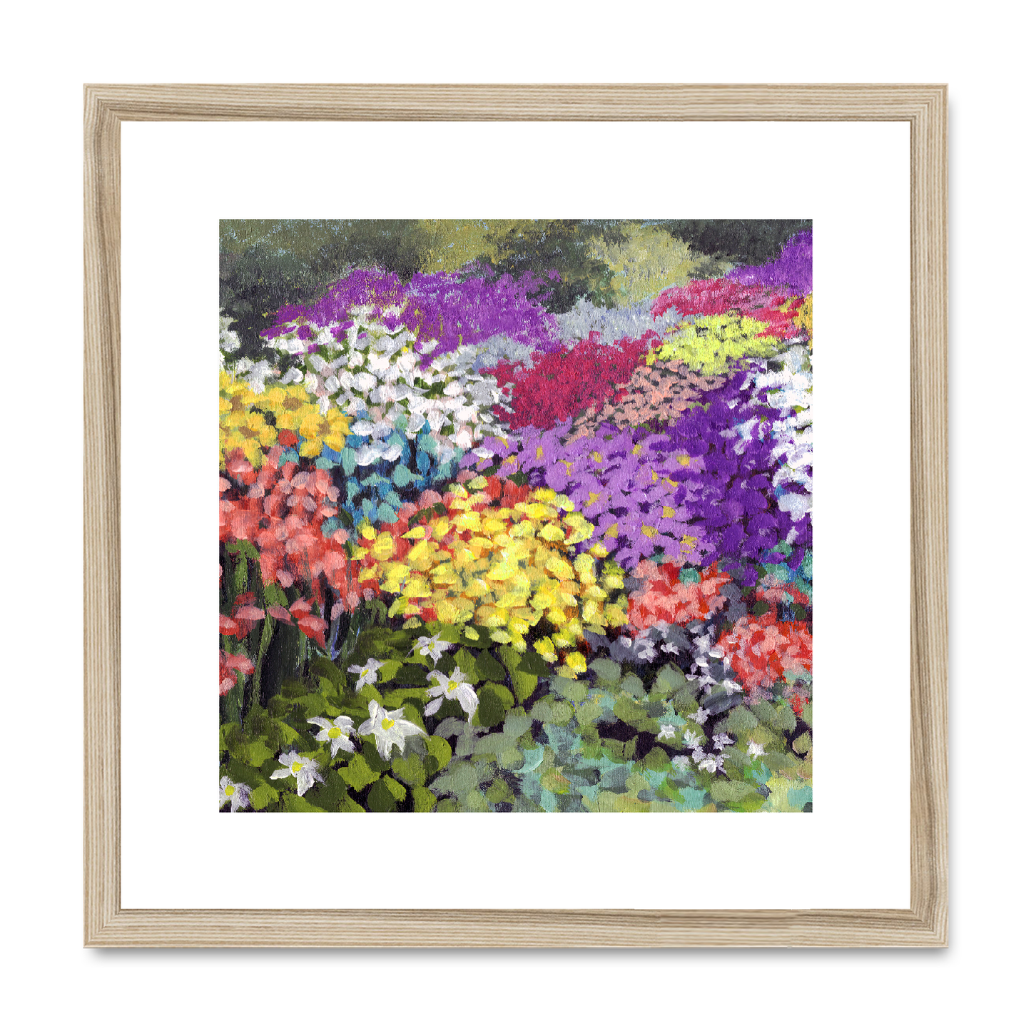 Framed Fine Art Print, White Mat,Floral Garden in Acrylic, FPS-1000-1147, 16"x16", Natural Frame