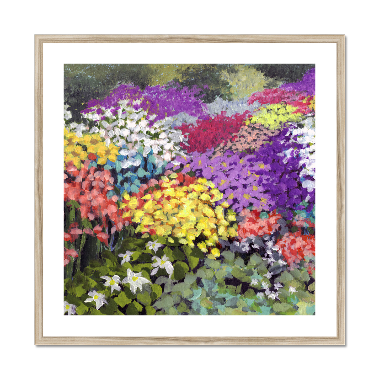 Framed Fine Art Print, White Mat,Floral Garden in Acrylic, FPS-1000-1147, 28"x28", Natural Frame