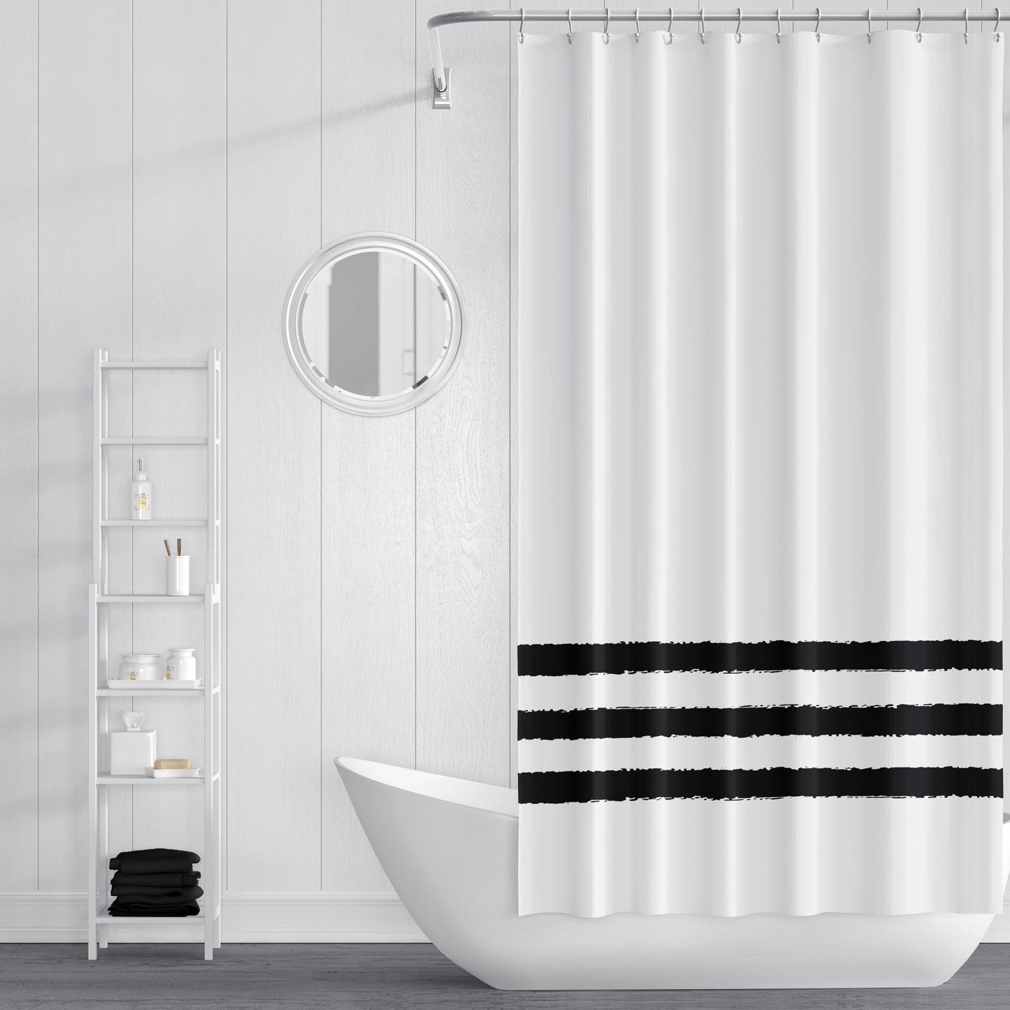 White Shower Curtain with Black Hand-painted Stripe Print | SC-1010-012