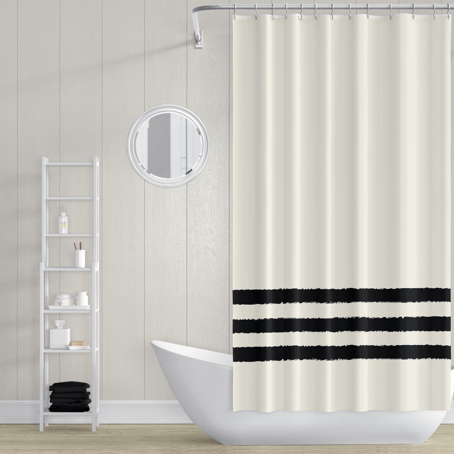 Pale Cream Polyester Shower Curtain with Black Hand-painted Brush Stroke Print #SC-1013