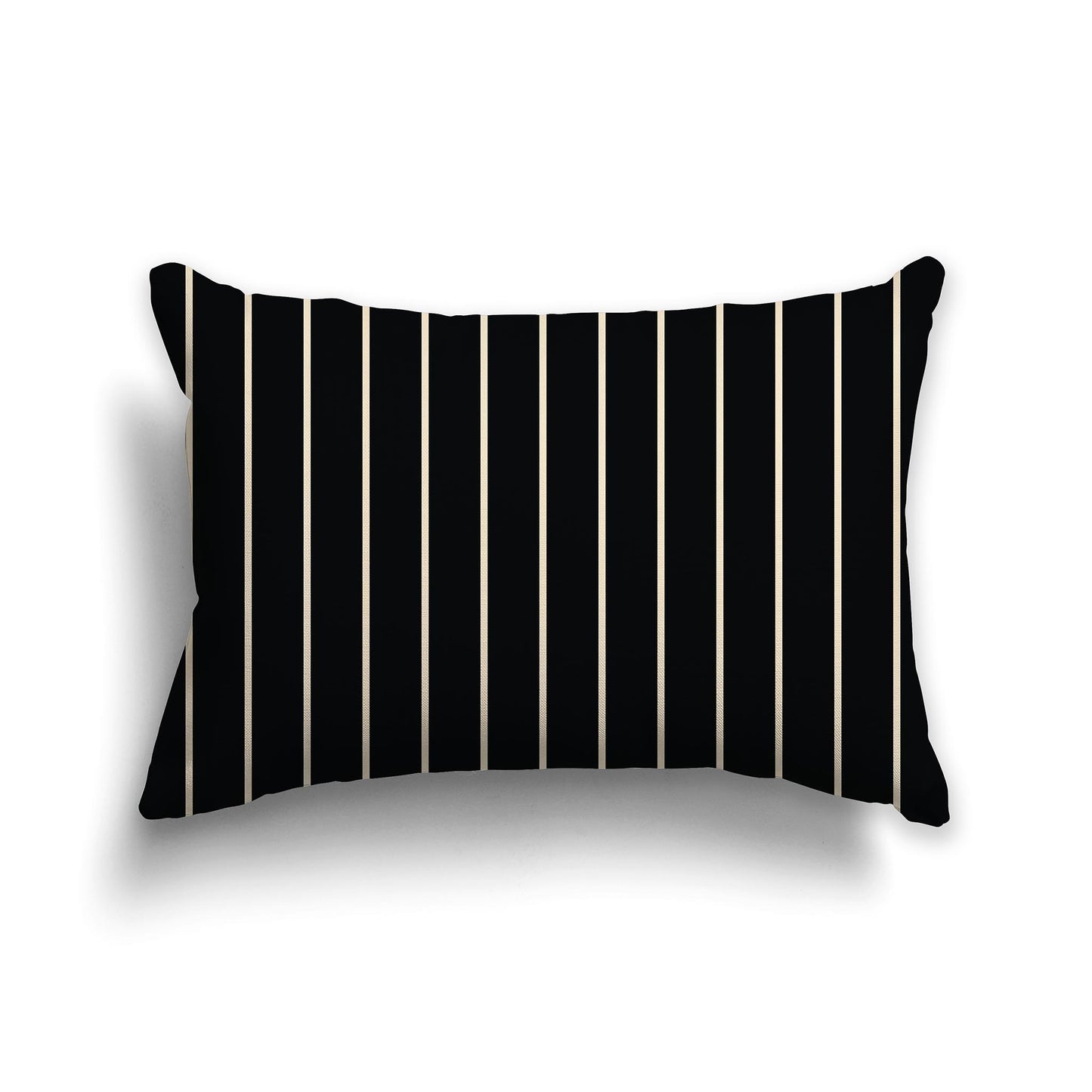 Black Throw Pillow with Fine Beige Vertical Stripes on Front, lumbar