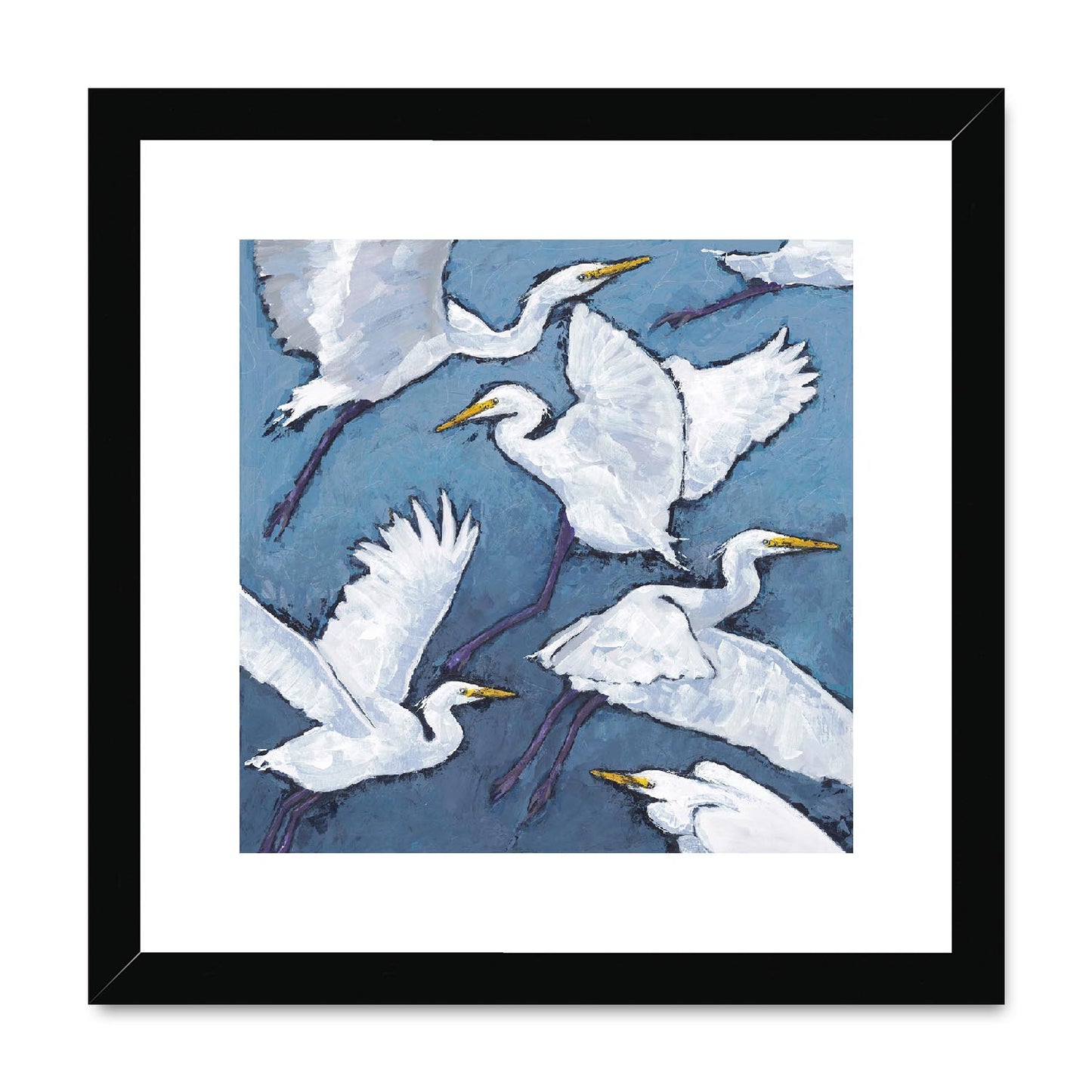 Framed Fine Art Print, White Mat,White Herons in Acrylic, FPS-1020-001, 12"x12", Black Frame