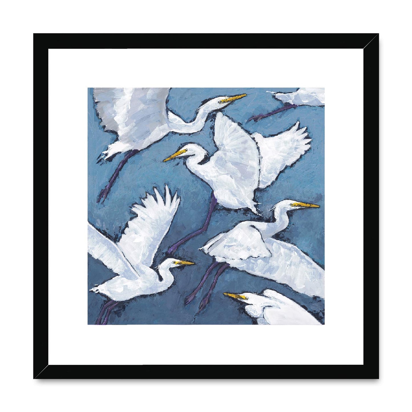 Framed Fine Art Print, White Mat,White Herons in Acrylic, FPS-1020-001, 16"x16", Black Frame