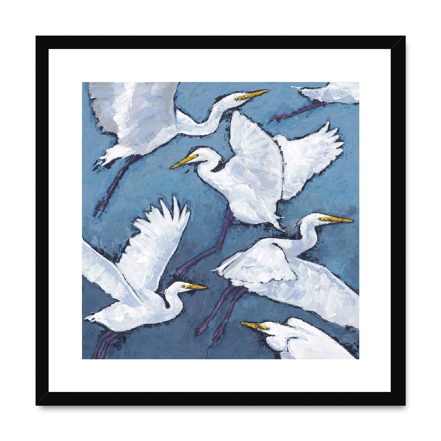 Framed Fine Art Print, White Mat,White Herons in Acrylic, FPS-1020-001, 20"x20", Black Frame