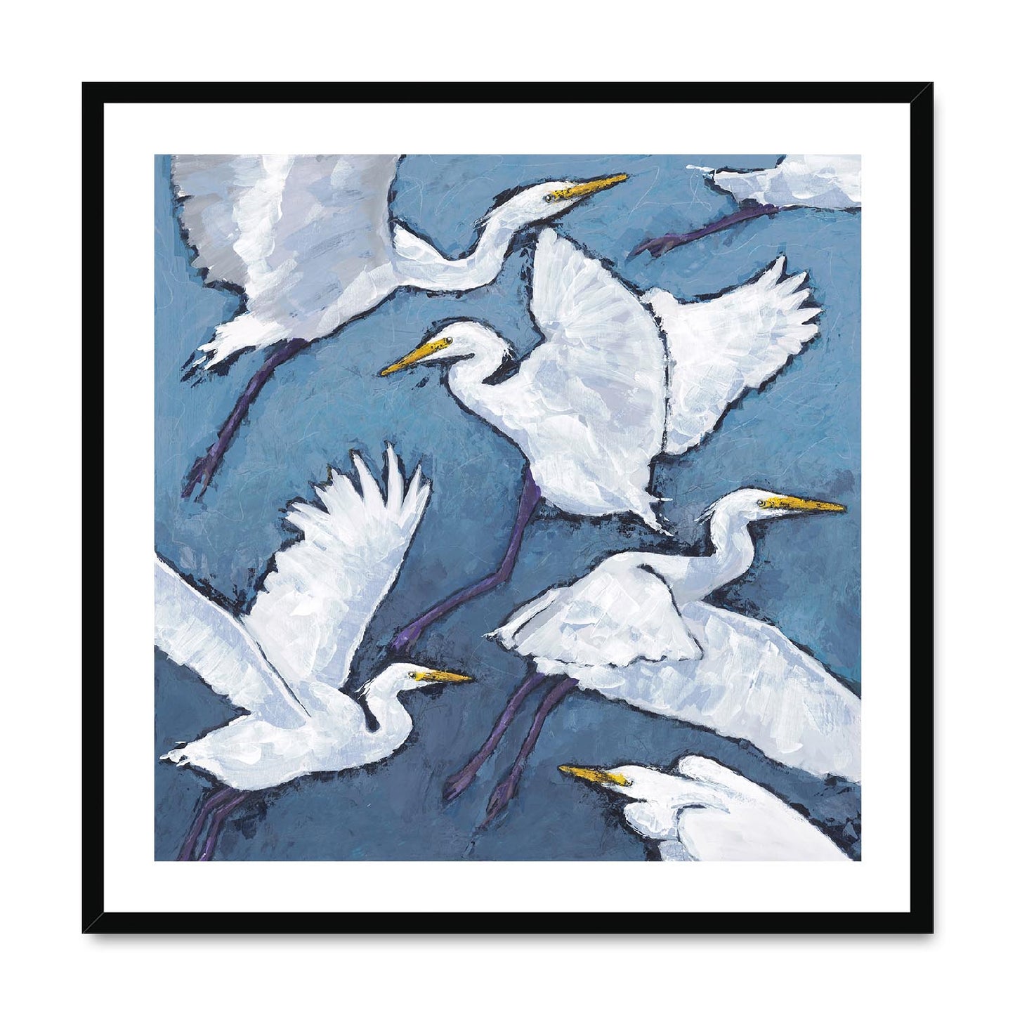 Framed Fine Art Print, White Mat,White Herons in Acrylic, FPS-1020-001, 28"x28", Black Frame