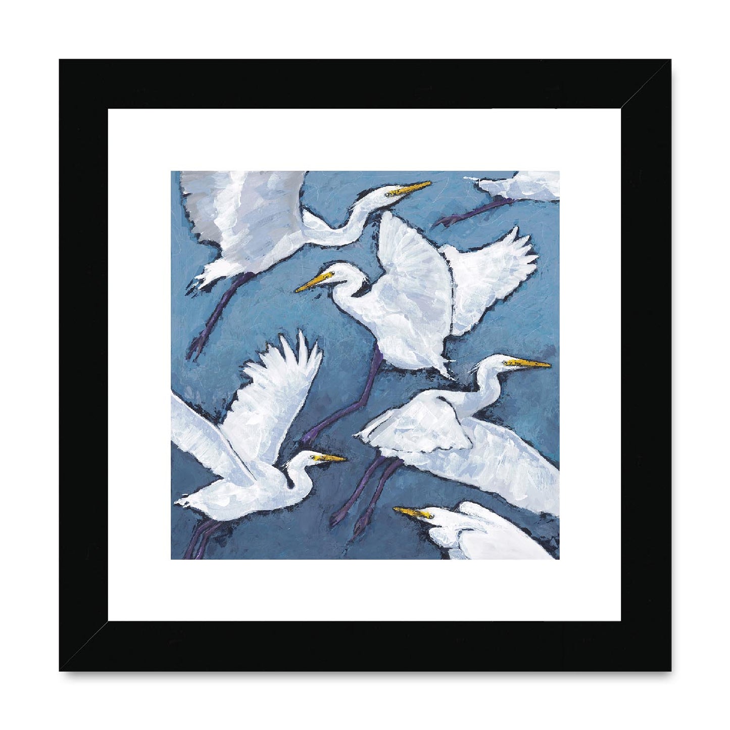 Framed Fine Art Print, White Mat,White Herons in Acrylic, FPS-1020-001, 8"x8", Black Frame