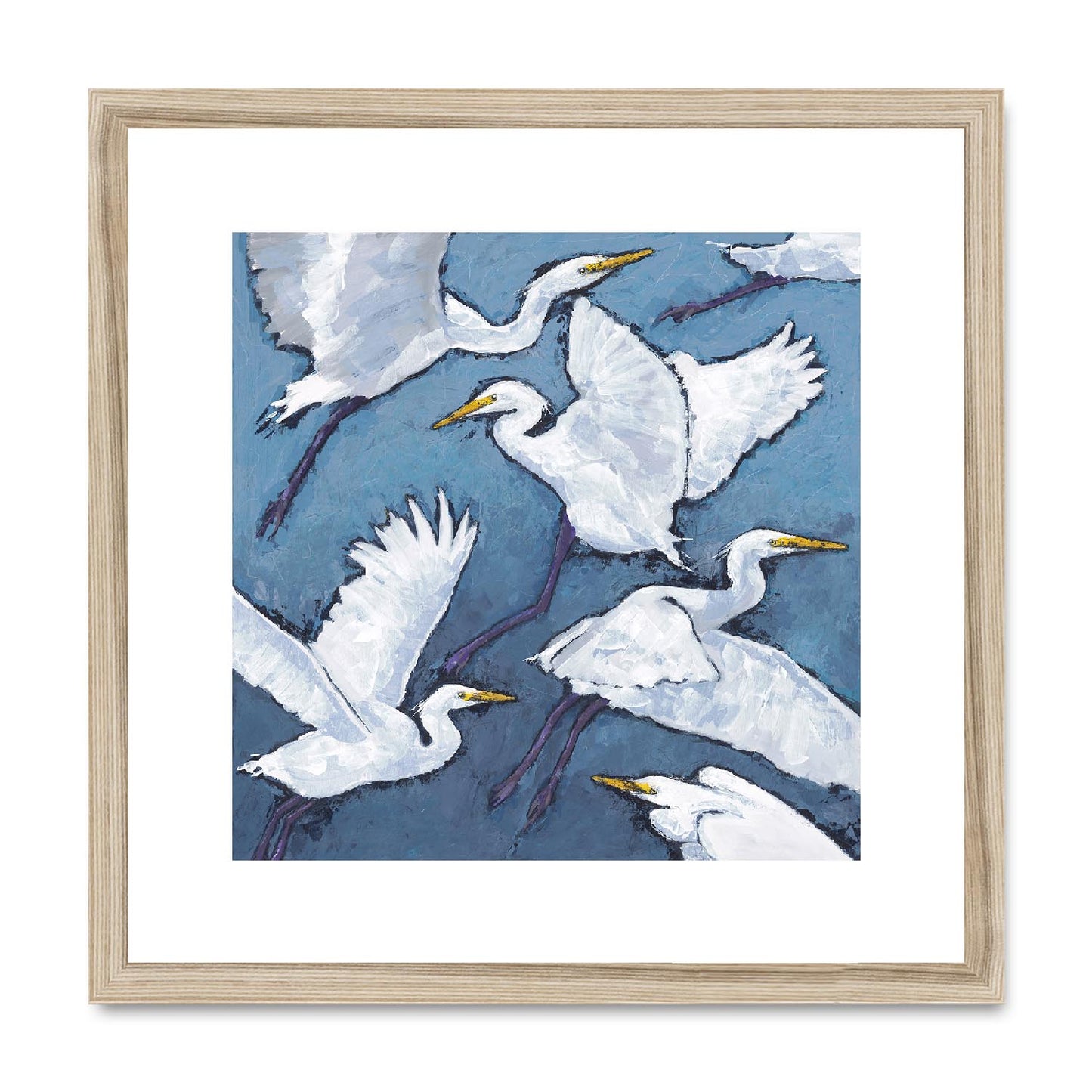 Framed Fine Art Print, White Mat,White Herons in Acrylic, FPS-1020-001, 16"x16", Natural Frame