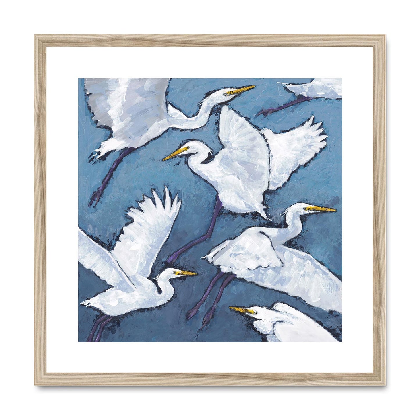 Framed Fine Art Print, White Mat,White Herons in Acrylic, FPS-1020-001, 20"x20", Natural Frame
