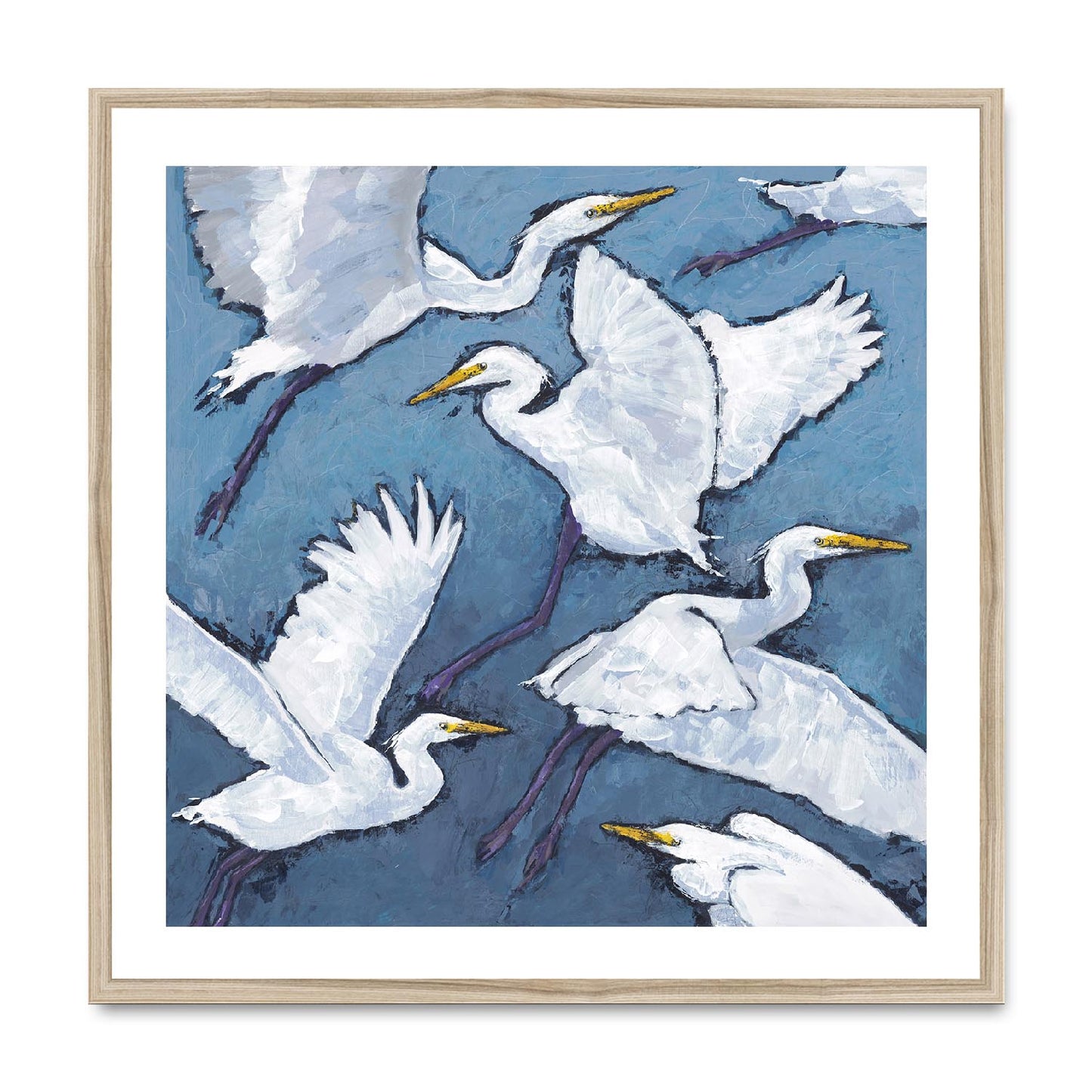 Framed Fine Art Print, White Mat,White Herons in Acrylic, FPS-1020-001, 28"x28", Natural Frame