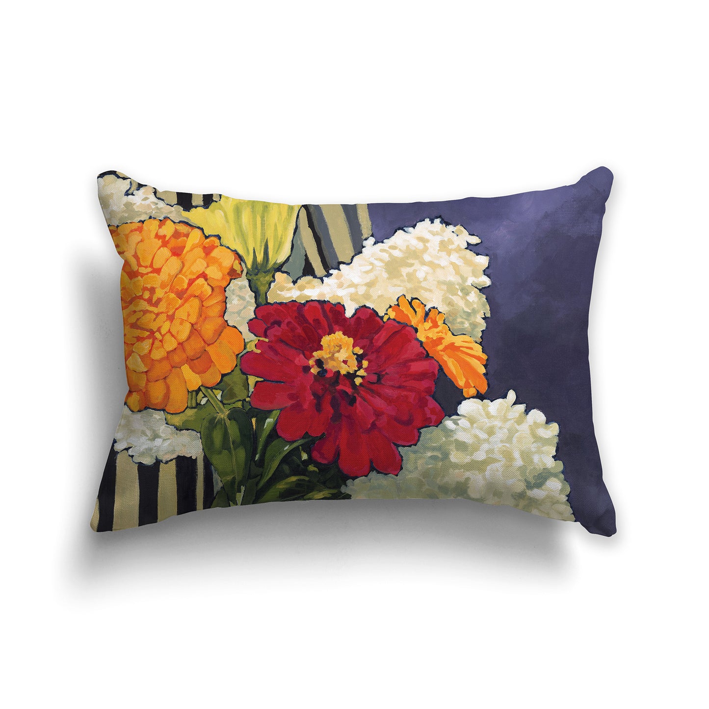 Lumbar Throw Pillow with fine art painting of Hydrangeas and Zinnias