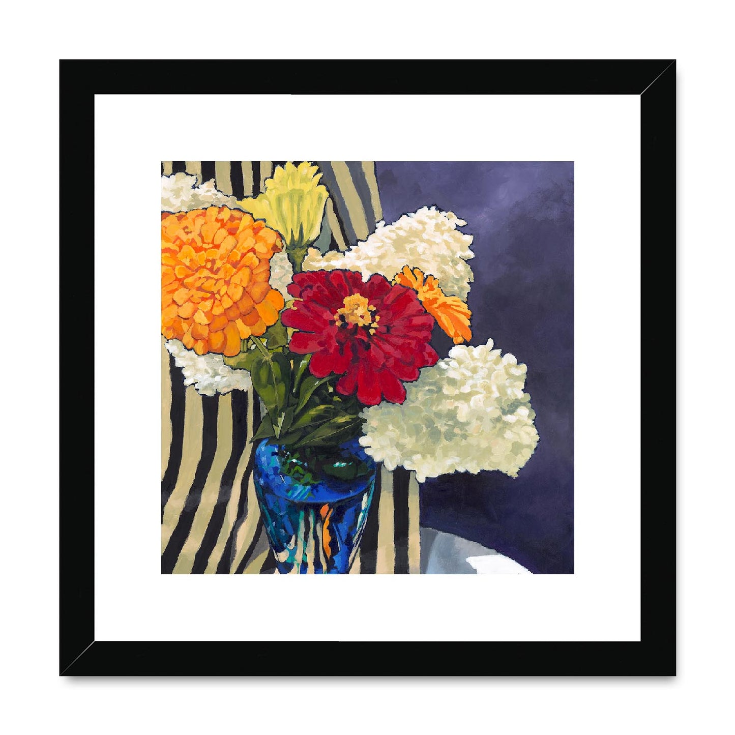 Framed Fine Art Print, White Mat,Hydrangeas & Zinnias in Acrylic, FPS-1030, 12"x12", Black Frame