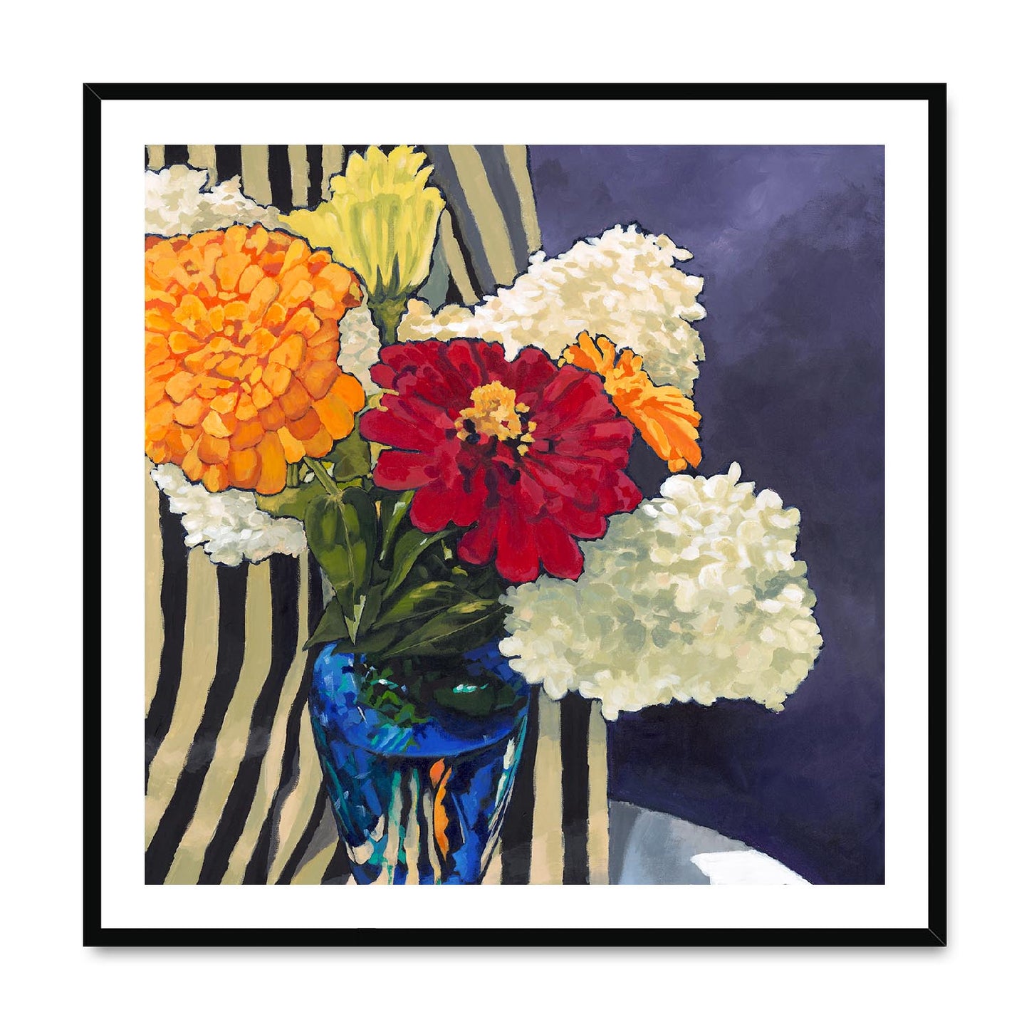 Framed Fine Art Print, White Mat,Hydrangeas & Zinnias in Acrylic, FPS-1030, 36"x36", Black Frame