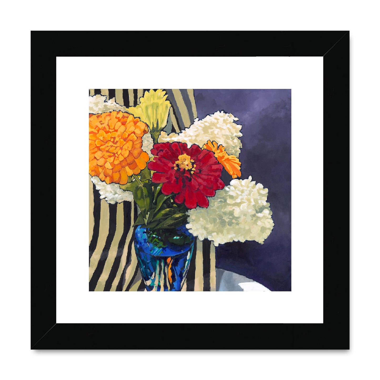 Framed Fine Art Print, White Mat,Hydrangeas & Zinnias in Acrylic, FPS-1030, 8"x8", Black Frame