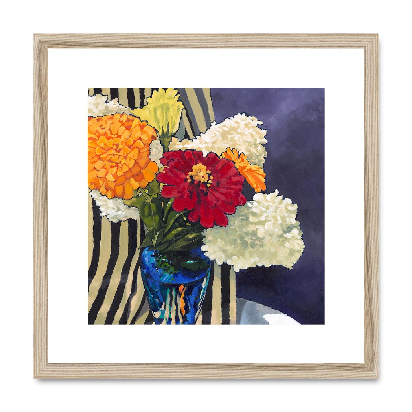 Framed Fine Art Print, White Mat,Hydrangeas & Zinnias in Acrylic, FPS-1030, 16"x16", Natural Frame