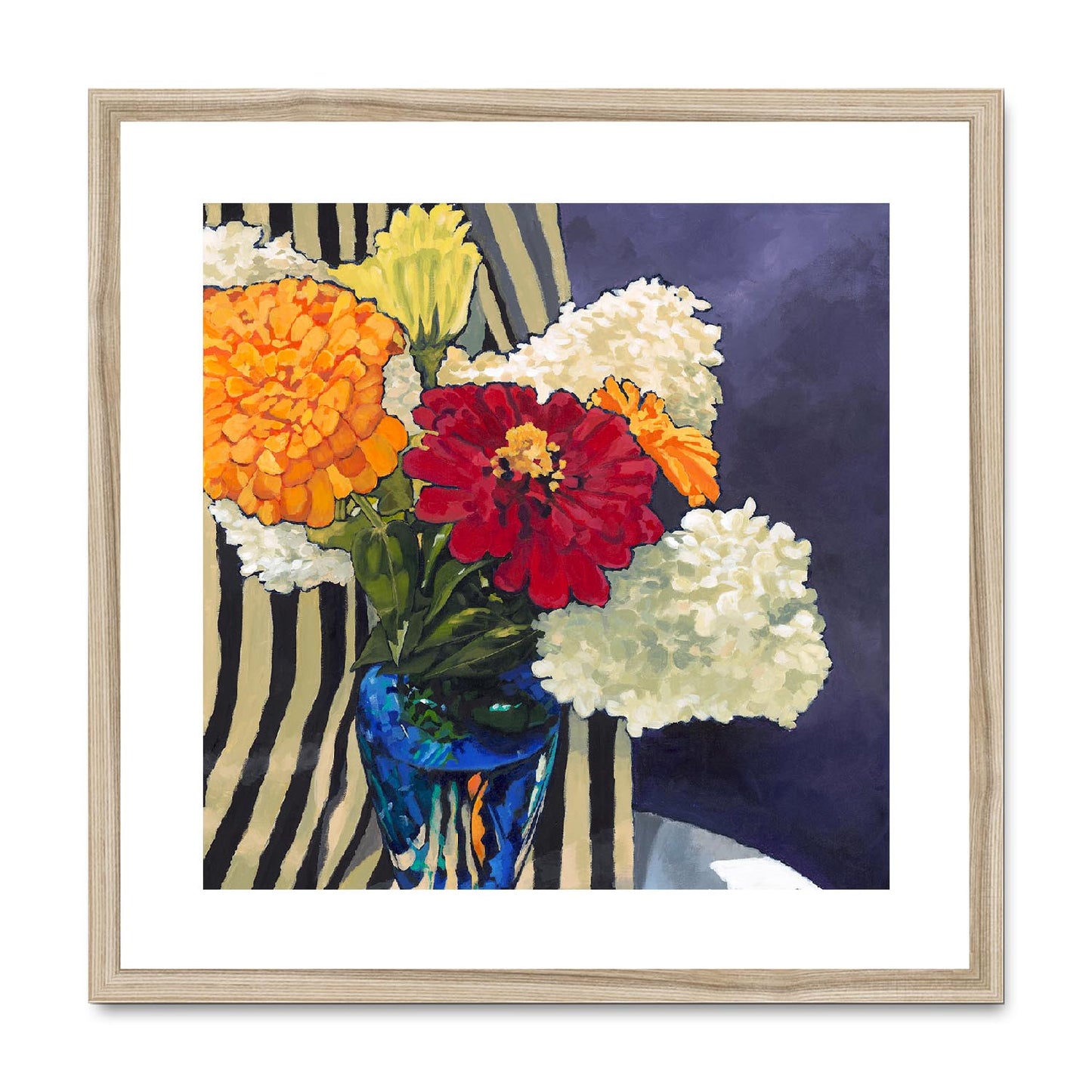 Framed Fine Art Print, White Mat,Hydrangeas & Zinnias in Acrylic, FPS-1030, 20"x20", Natural Frame
