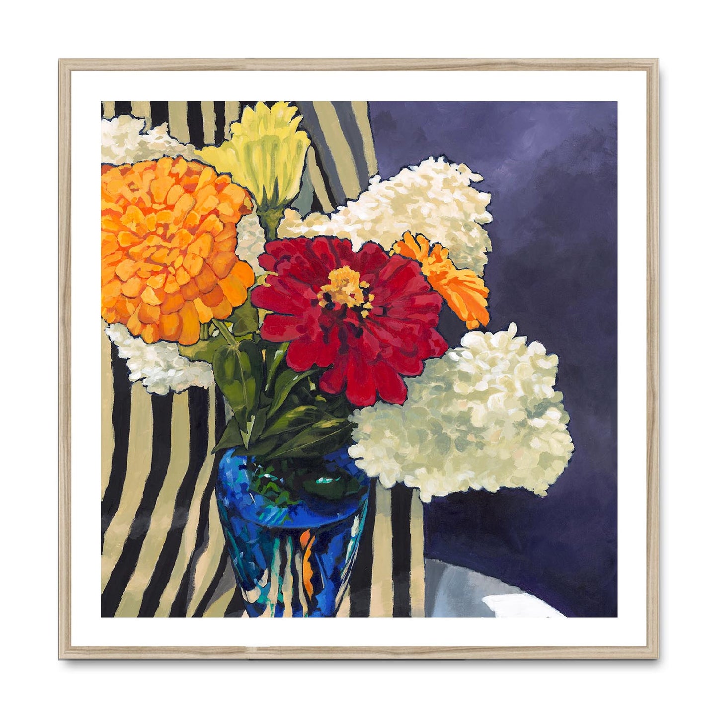 Framed Fine Art Print, White Mat,Hydrangeas & Zinnias in Acrylic, FPS-1030, 36"x36", Natural Frame