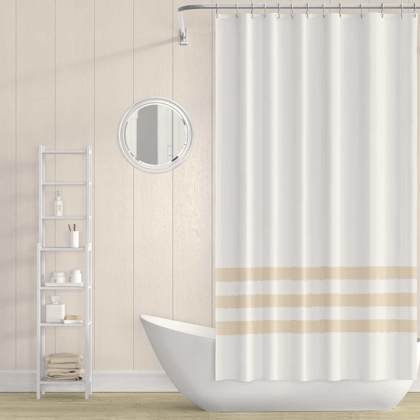 White Shower Curtain with Beige Hand-painted Stripe Print | SC-1032