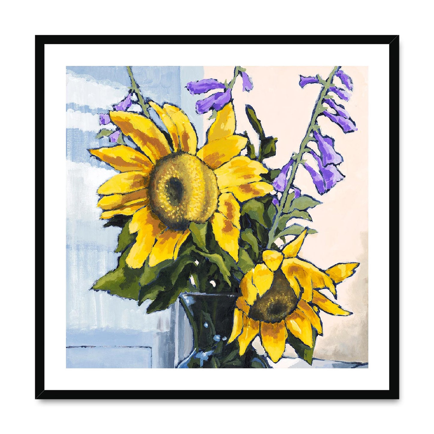 Framed Fine Art Print, White Mat,Sunflowers in Acrylic, FPS-1040, 28"x28", Black Frame