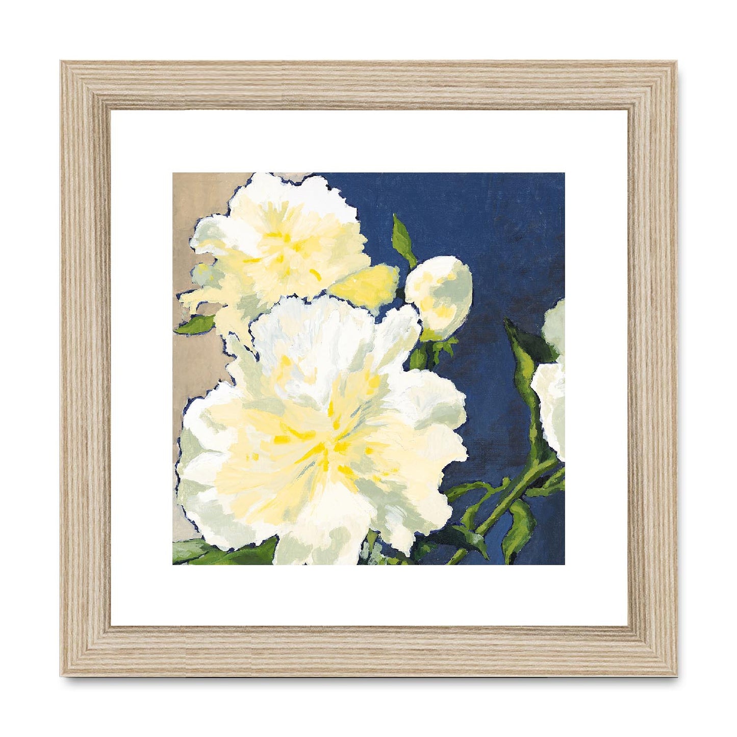 Framed Fine Art Print, White Mat,White Peonies in Acrylic, FPS-1050, 8"x8", Natural Frame