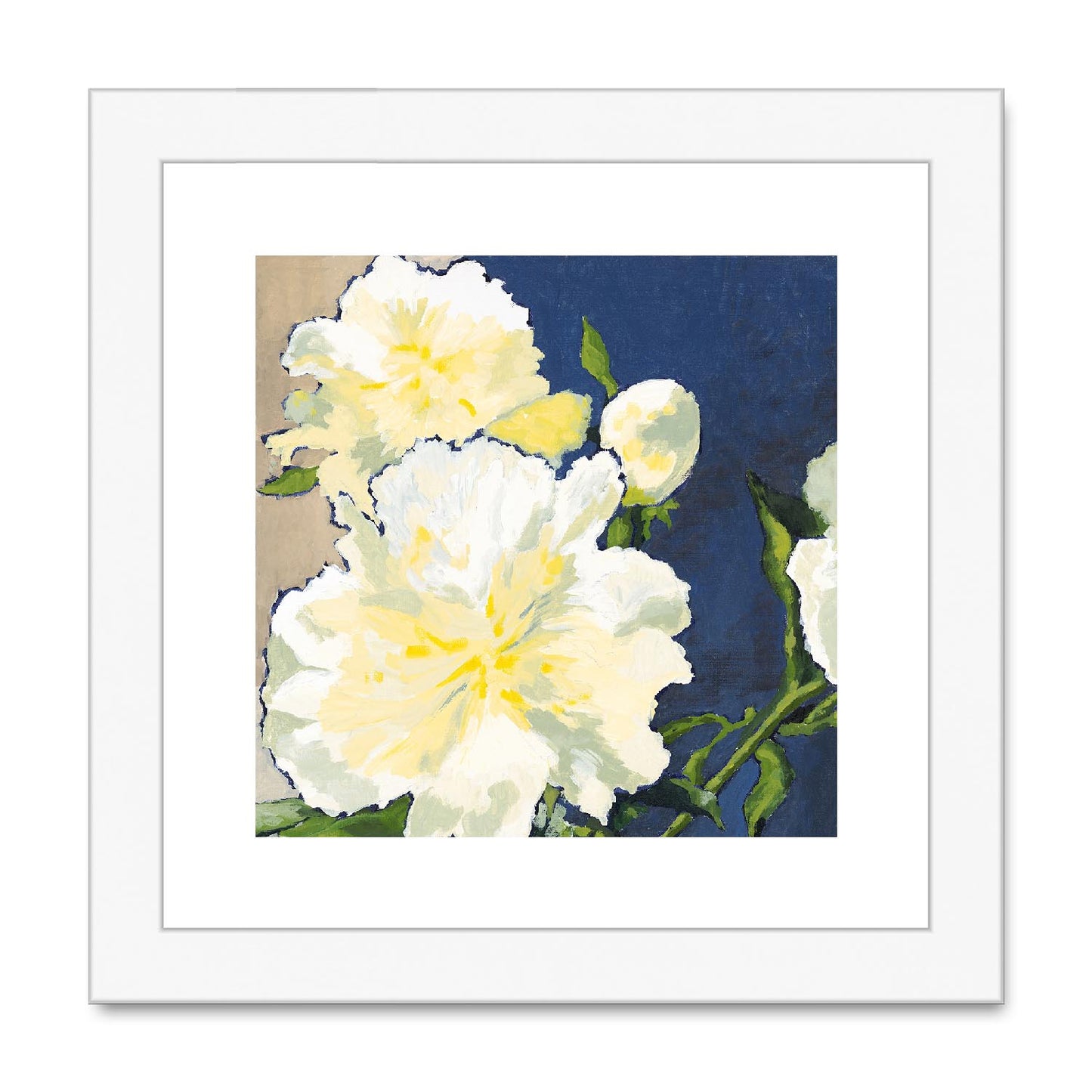 Framed Fine Art Print, White Mat,White Peonies in Acrylic, FPS-1050, 8"x8", White Frame