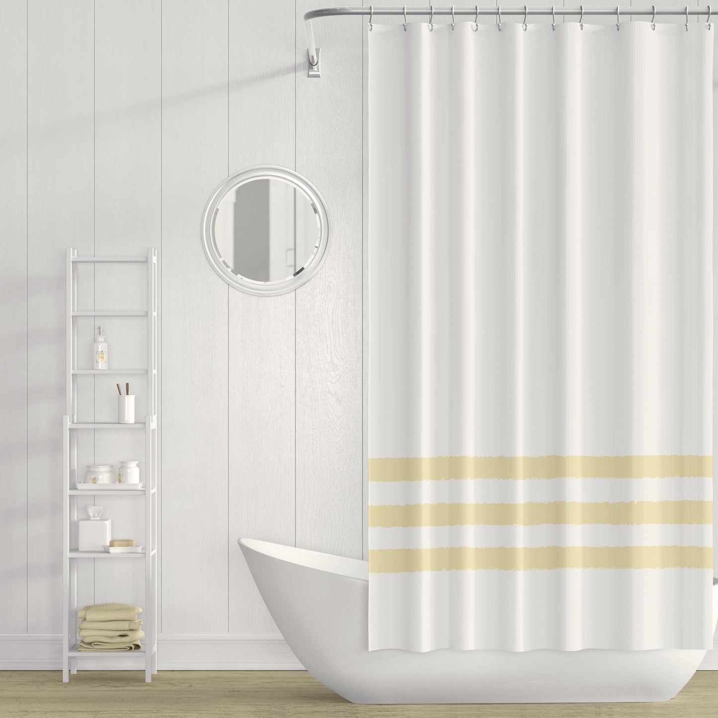 White Shower Curtain with Pale Yellow Hand-painted Stripe Print | SC-1051-300