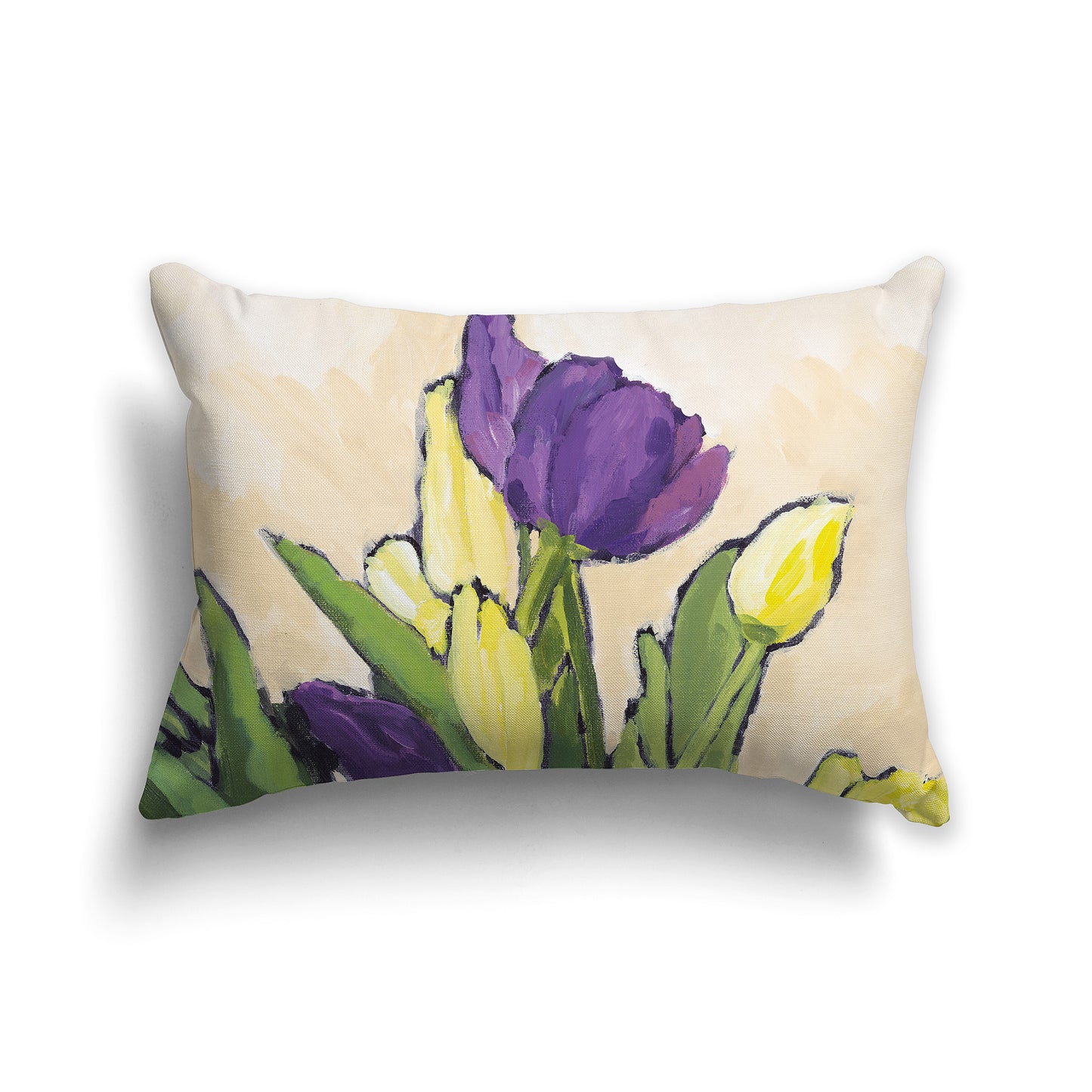 Lumbar Throw Pillow with fine art painting of Purple and Yellow Tulips