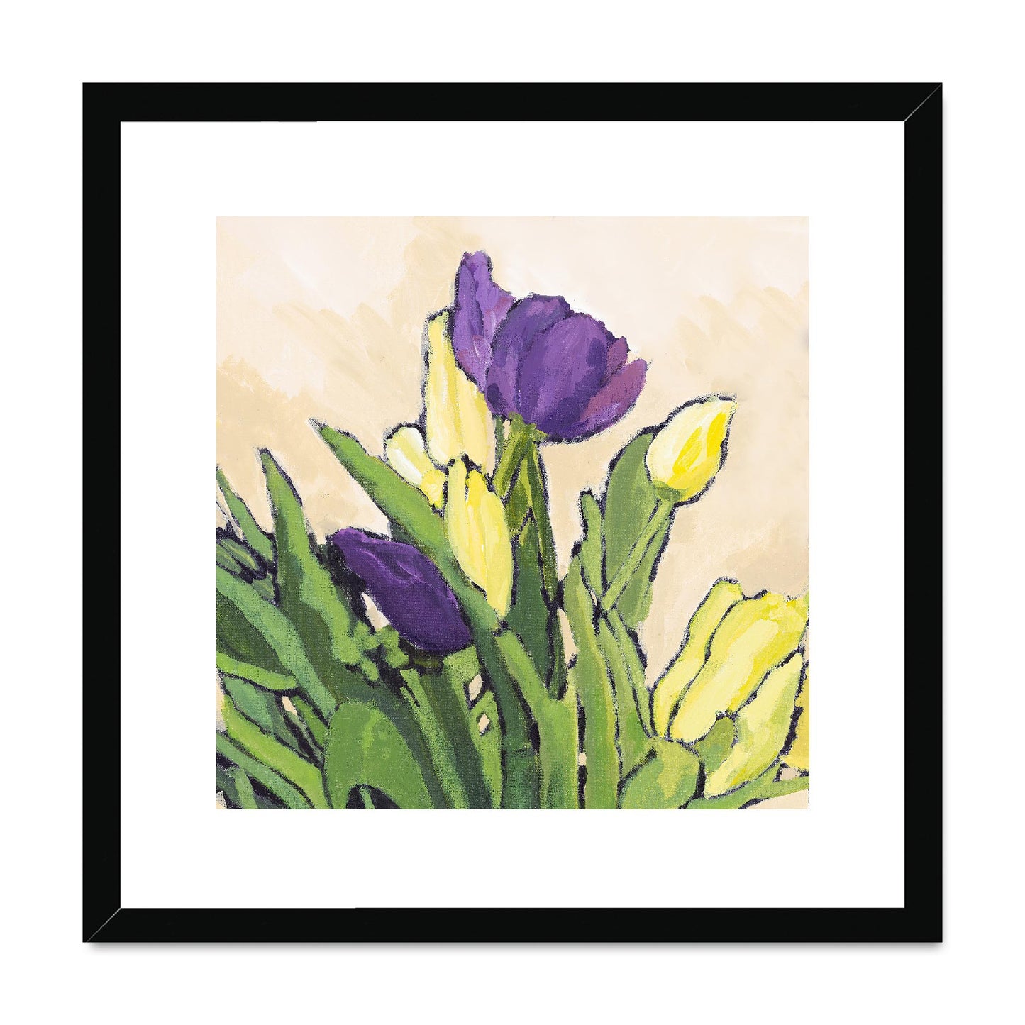 Framed Fine Art Print, White Mat, Purple & Yellow Tulips in Acrylic, FPS-1060-002, 16"x16", Black Frame