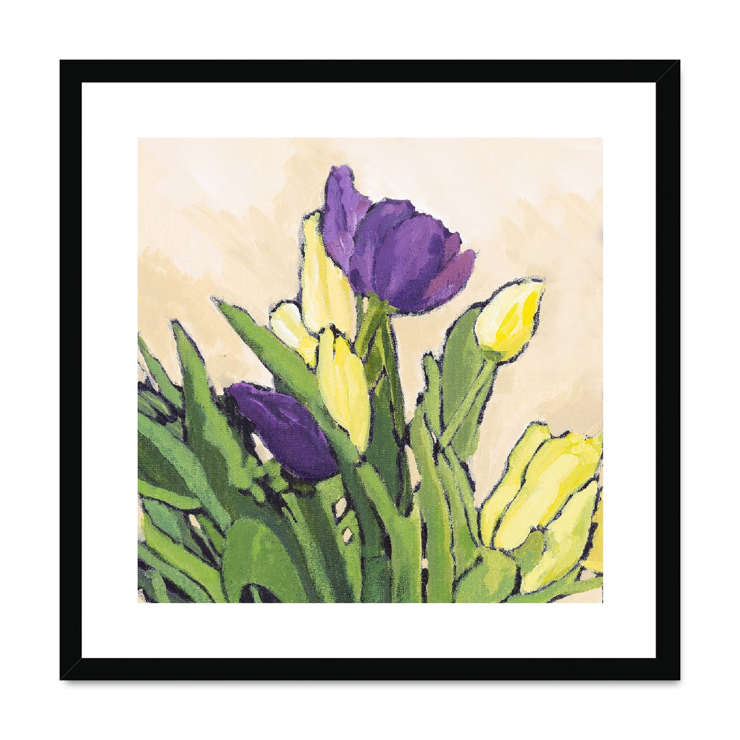 Framed Fine Art Print, White Mat, Purple & Yellow Tulips in Acrylic, FPS-1060-002, 20"x20", Black Frame