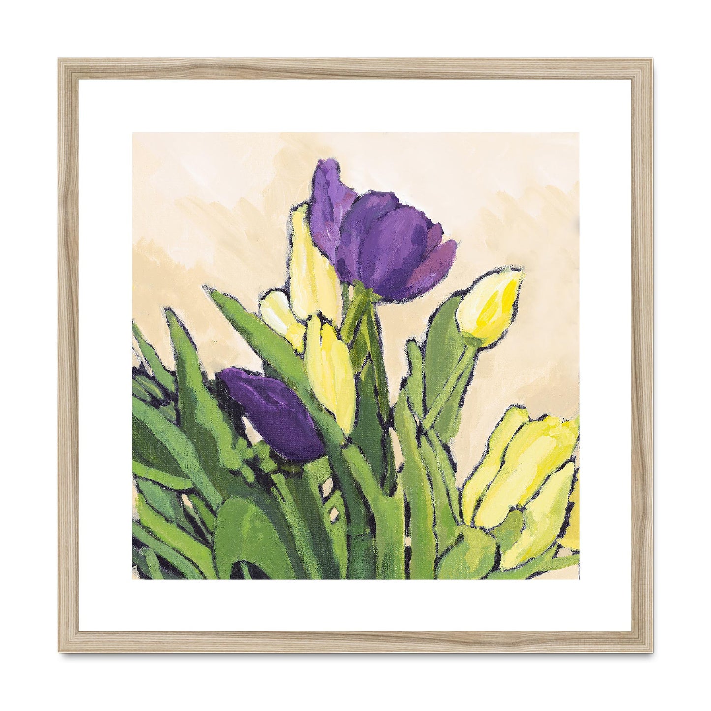 Framed Fine Art Print, White Mat, Purple & Yellow Tulips in Acrylic, FPS-1060-002, 20"x20", Natural Frame