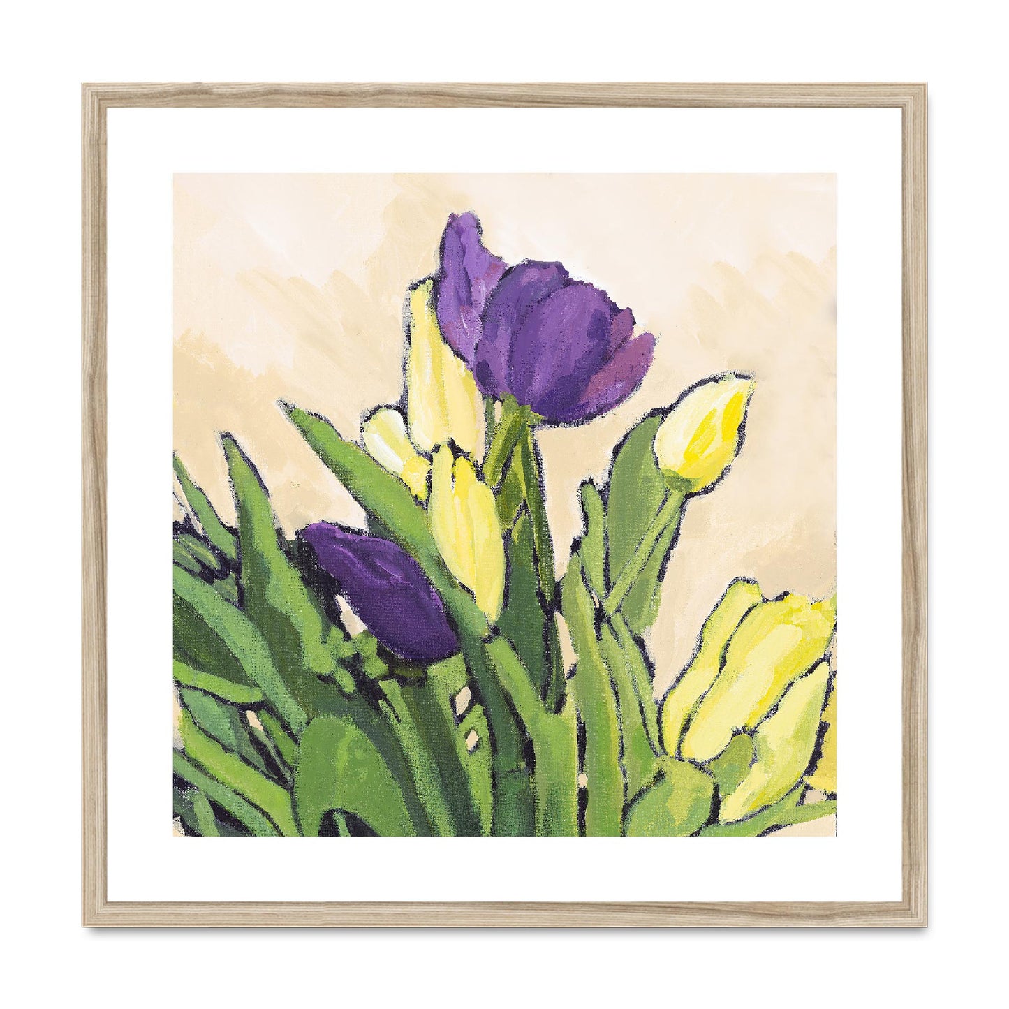 Framed Fine Art Print, White Mat, Purple & Yellow Tulips in Acrylic, FPS-1060-002, 24"x24", Natural Frame