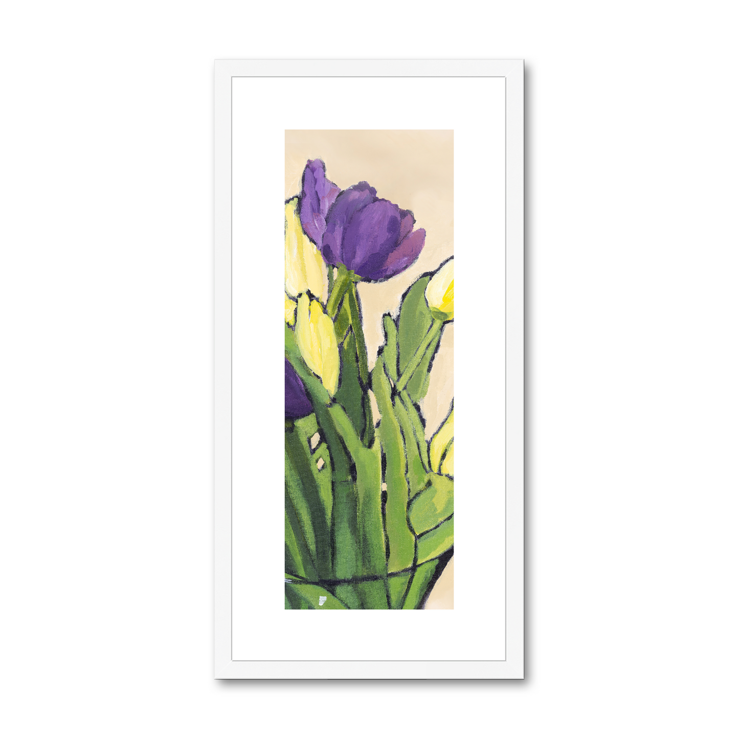 Framed Fine Art Print, White Mat - 16x32 inches | Purple & Yellow Tulips, FPT-1060-001