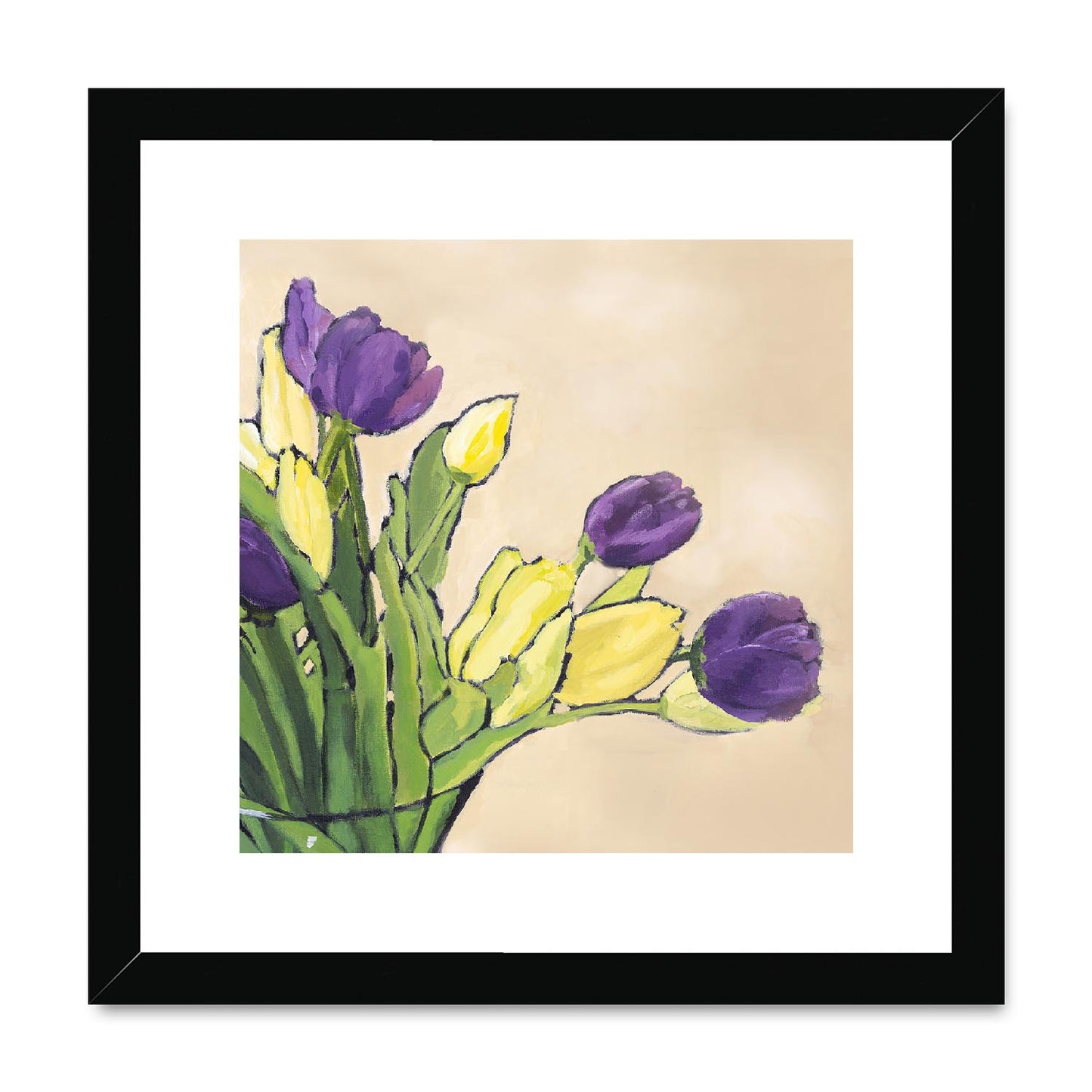 Framed Fine Art Print, White Mat,Purple & Yellow Tulips in Acrylic, FPS-1060-001, 12"x12", Black Frame